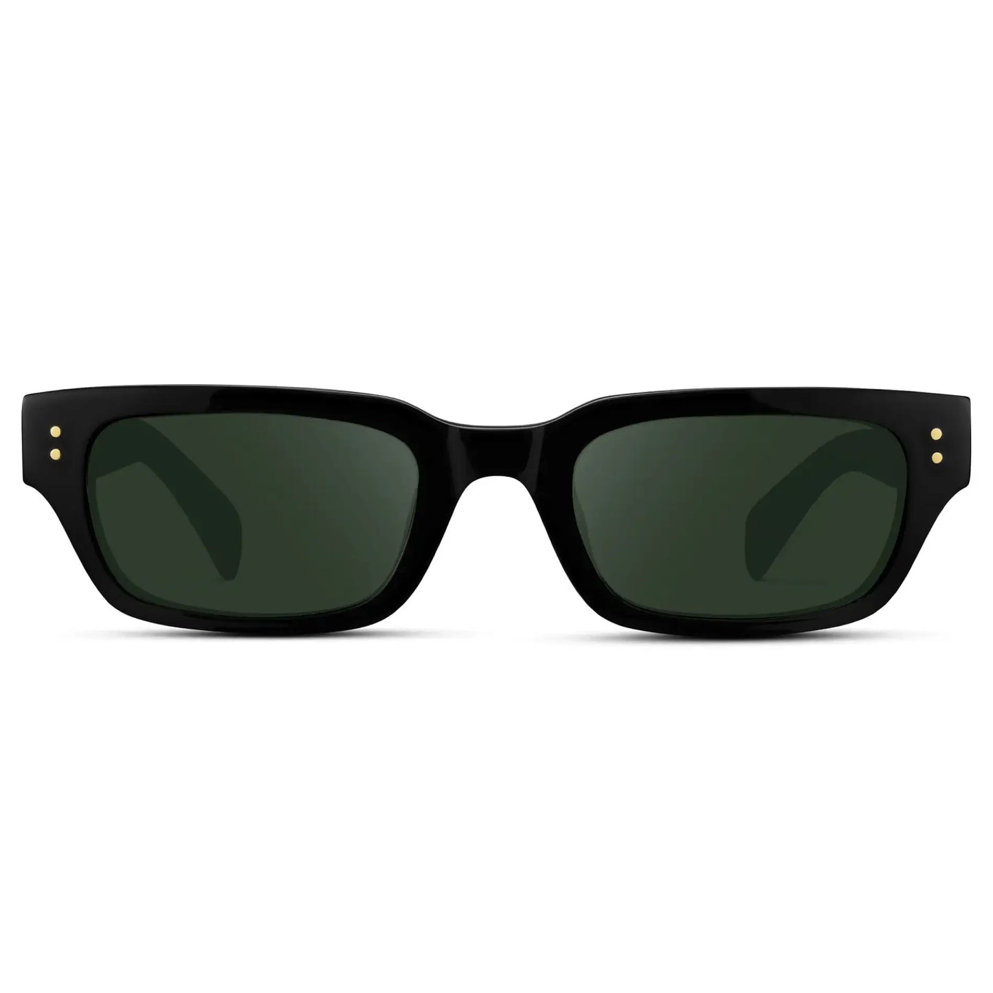 Black / G15 || Women's Rectangular Prescription Sunglasses with Black Frame and Green Prescription Lens on a white background