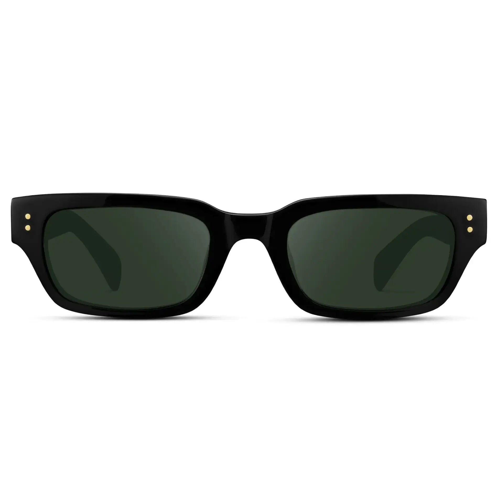 Black / G15 || Women's Rectangular Prescription Sunglasses with Black Frame and Green Prescription Lens on a white background