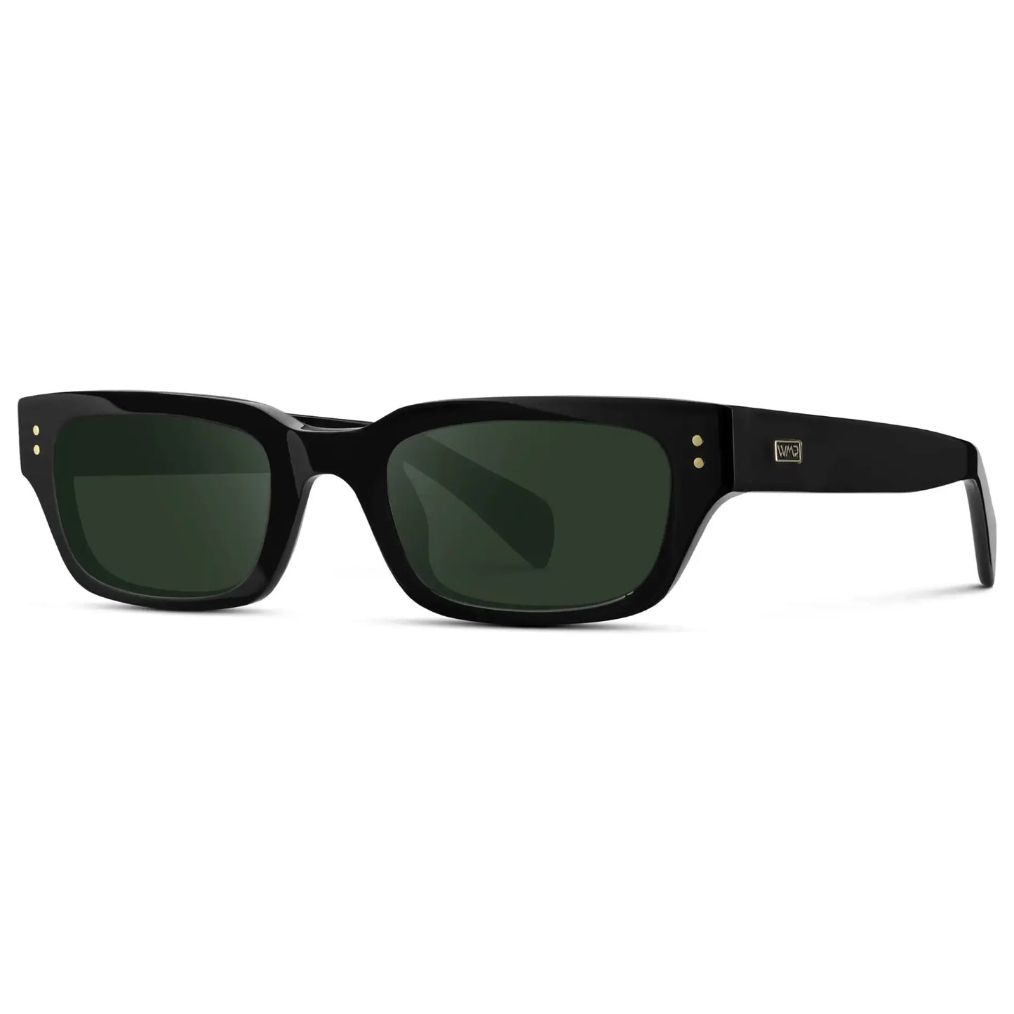 Black / G15 || Side view of Women's Rectangular Prescription Sunglasses with Black Frame and Green Prescription Lens on a white background