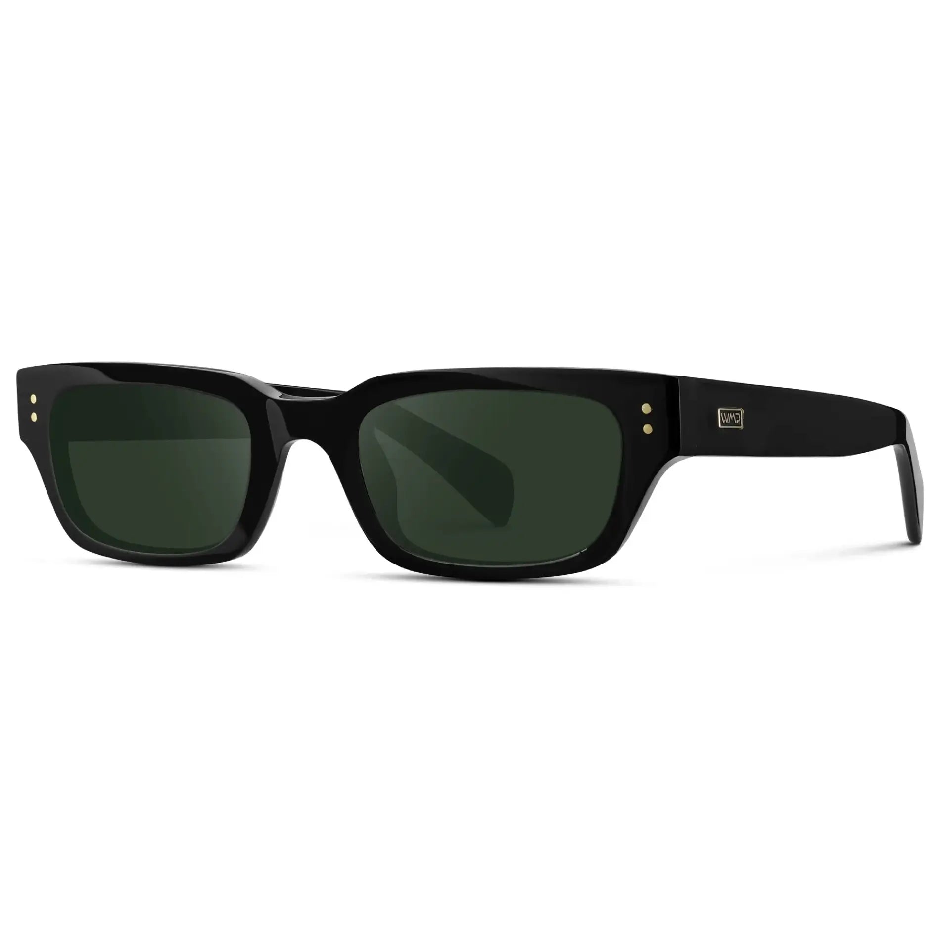 Black / G15 || Side view of Women's Rectangular Prescription Sunglasses with Black Frame and Green Prescription Lens on a white background