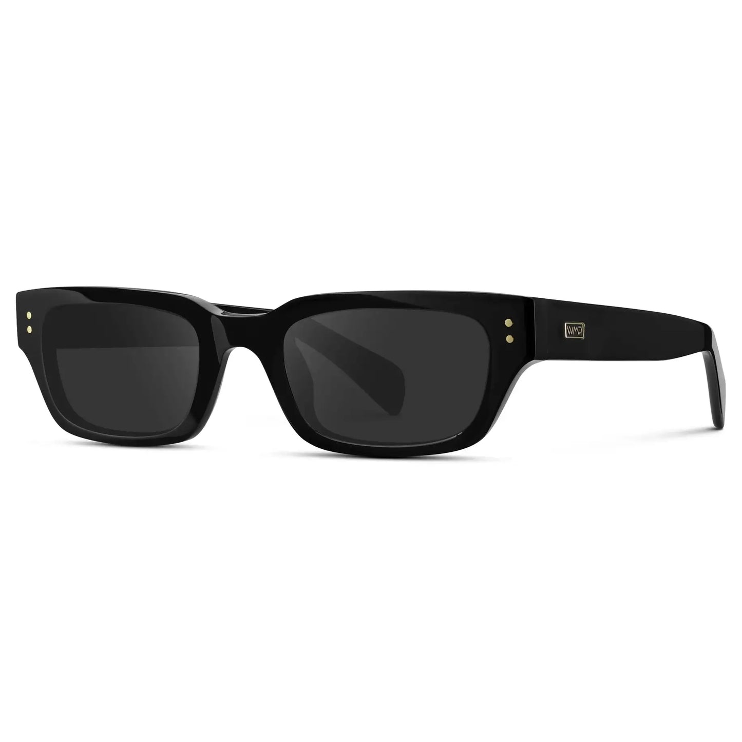 Black / Grey || Side view of Women's Rectangular Prescription Sunglasses with Black Frame and Grey Prescription Lens on a white background