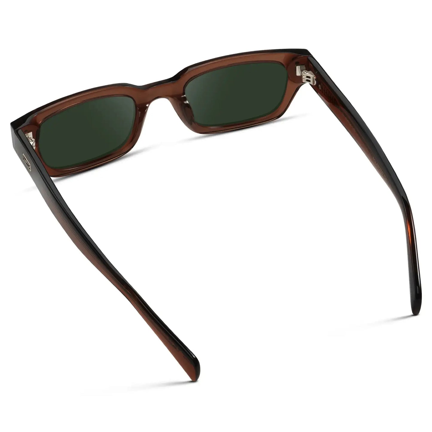 Cocoa Brown / G15 || Back view of Women's Rectangular Prescription Sunglasses with Cocoa Brown Frame and Green Prescription Lens on a white background
