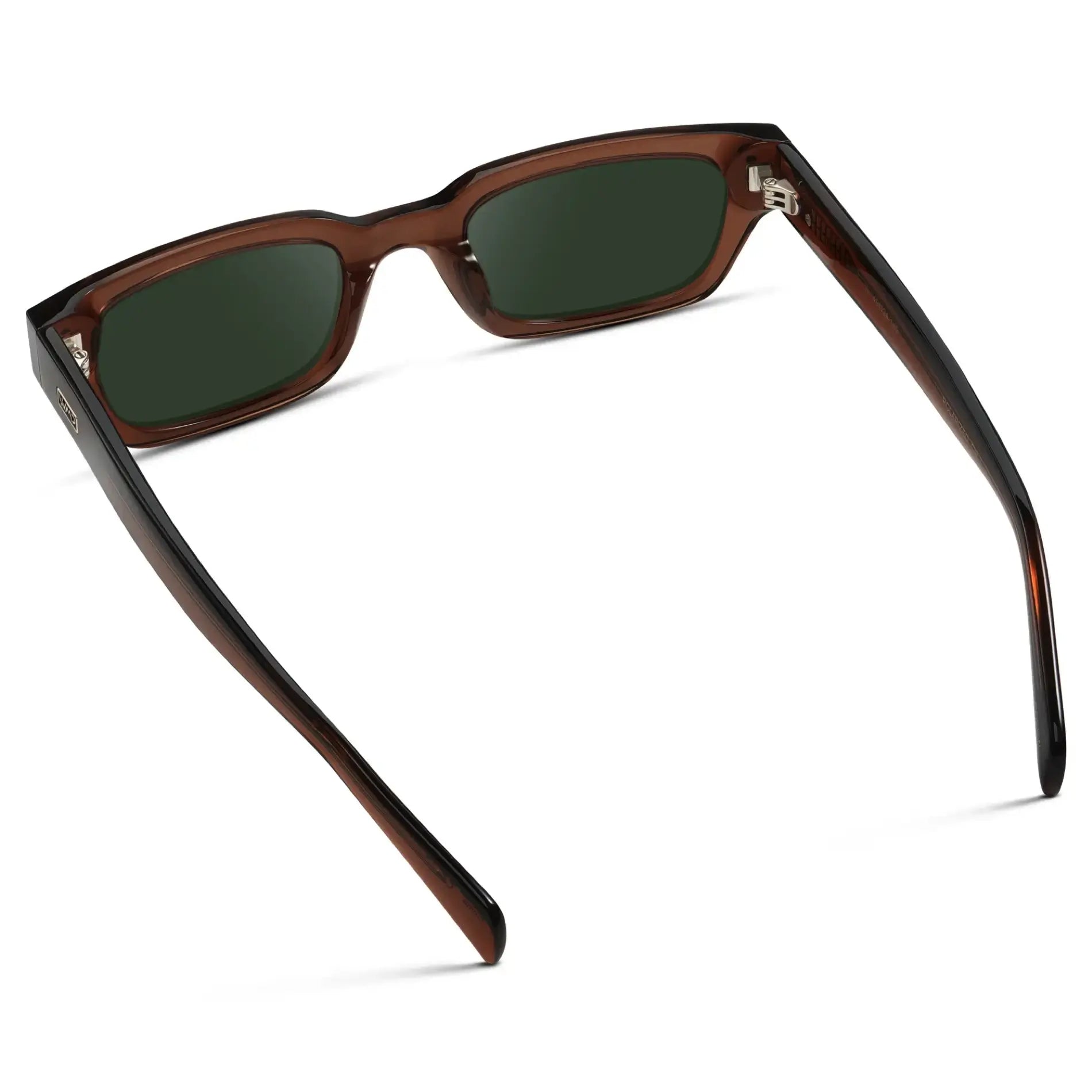 Cocoa Brown / G15 || Back view of Women's Rectangular Prescription Sunglasses with Cocoa Brown Frame and Green Prescription Lens on a white background