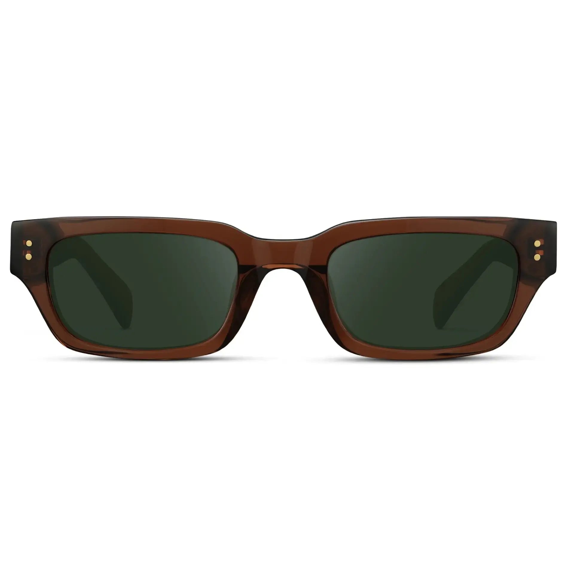 Cocoa Brown / G15 || Women's Rectangular Prescription Sunglasses with Cocoa Brown Frame and Green Prescription Lens on a white background