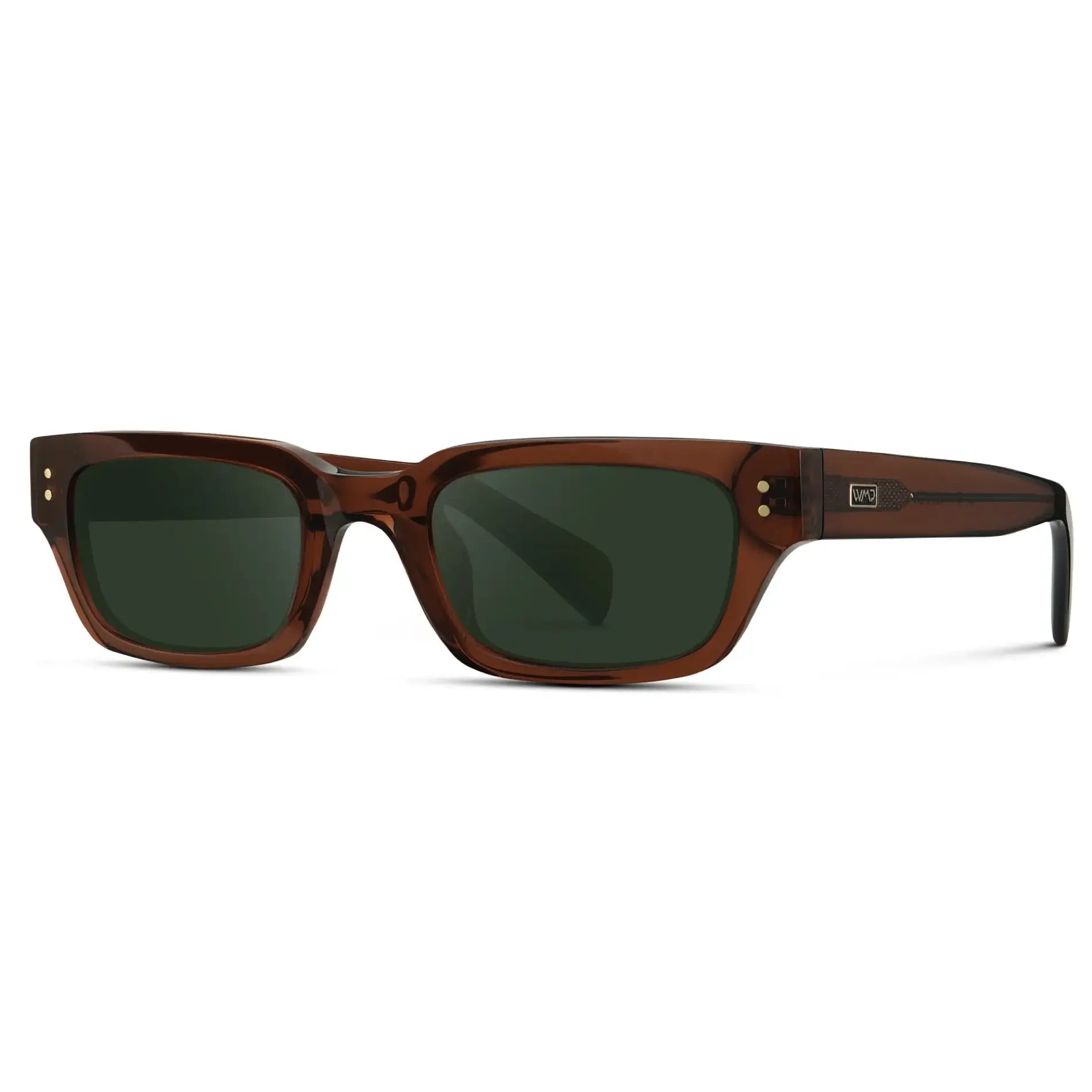Cocoa Brown / G15 || Side view of Women's Rectangular Prescription Sunglasses with Cocoa Brown Frame and Green Prescription Lens on a white background