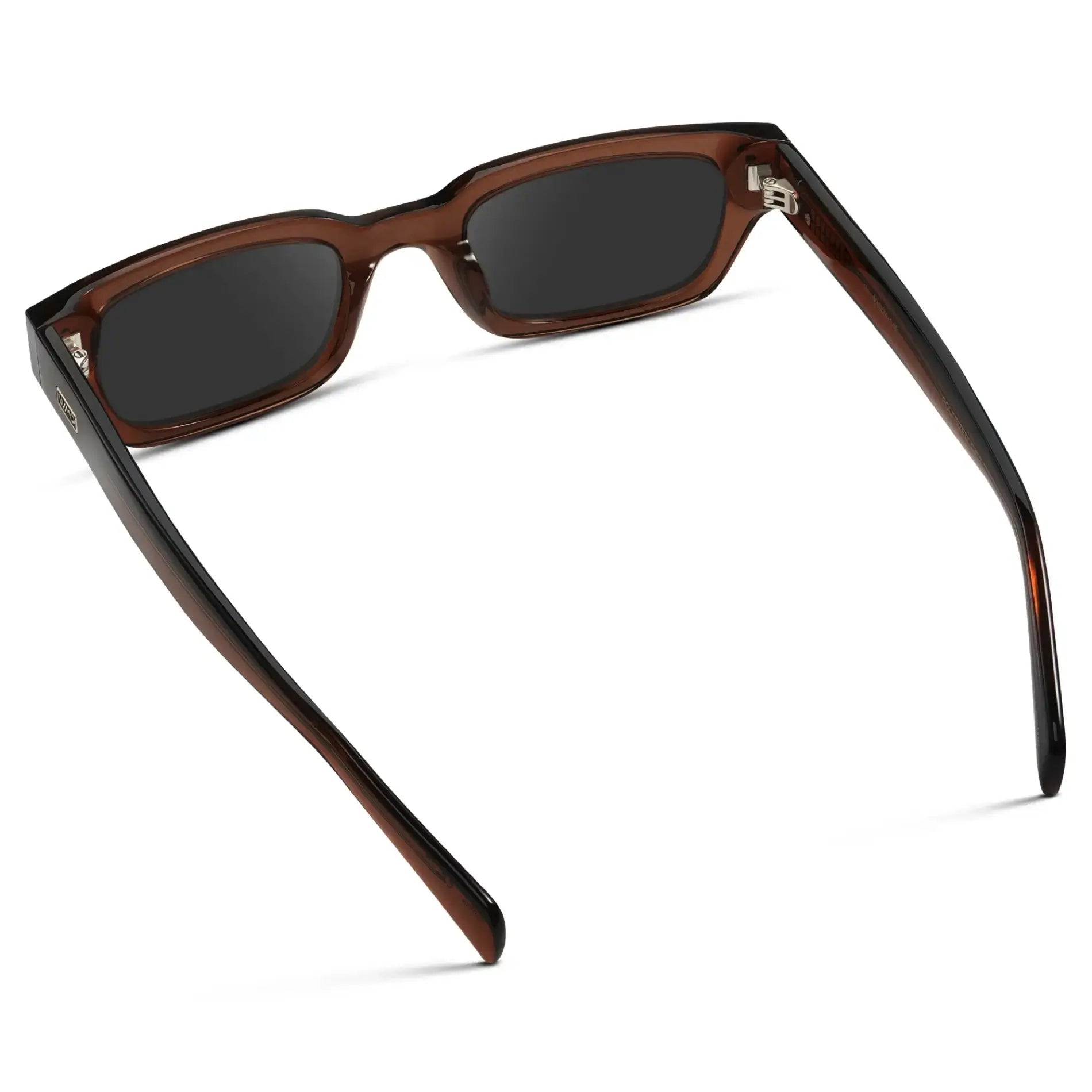 Cocoa Brown / Grey || Back view of Women's Rectangular Prescription Sunglasses with Cocoa Brown Frame and Grey Prescription Lens on a white background