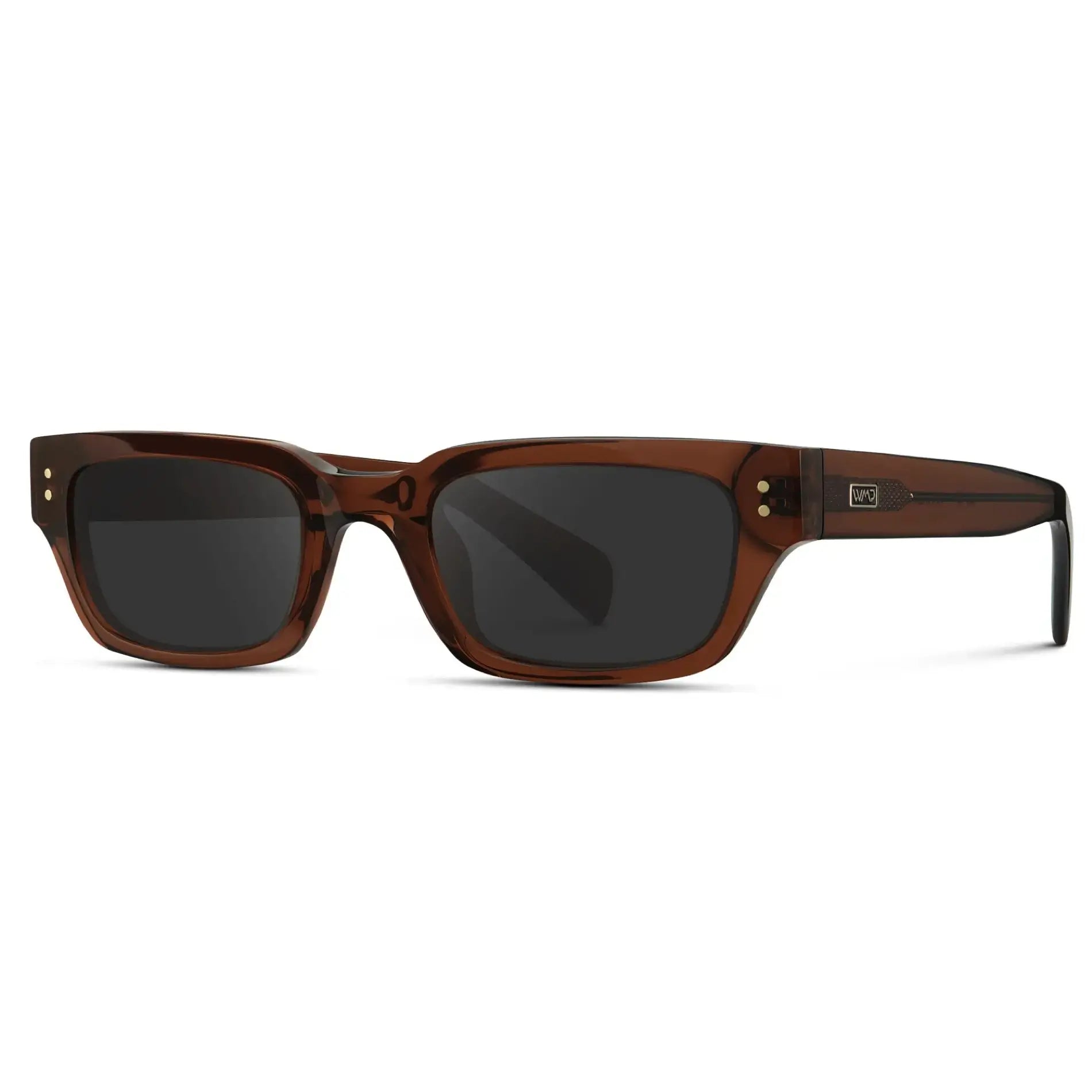 Cocoa Brown / Grey || Side view of Women's Rectangular Prescription Sunglasses with Cocoa Brown Frame and Grey Prescription Lens on a white background