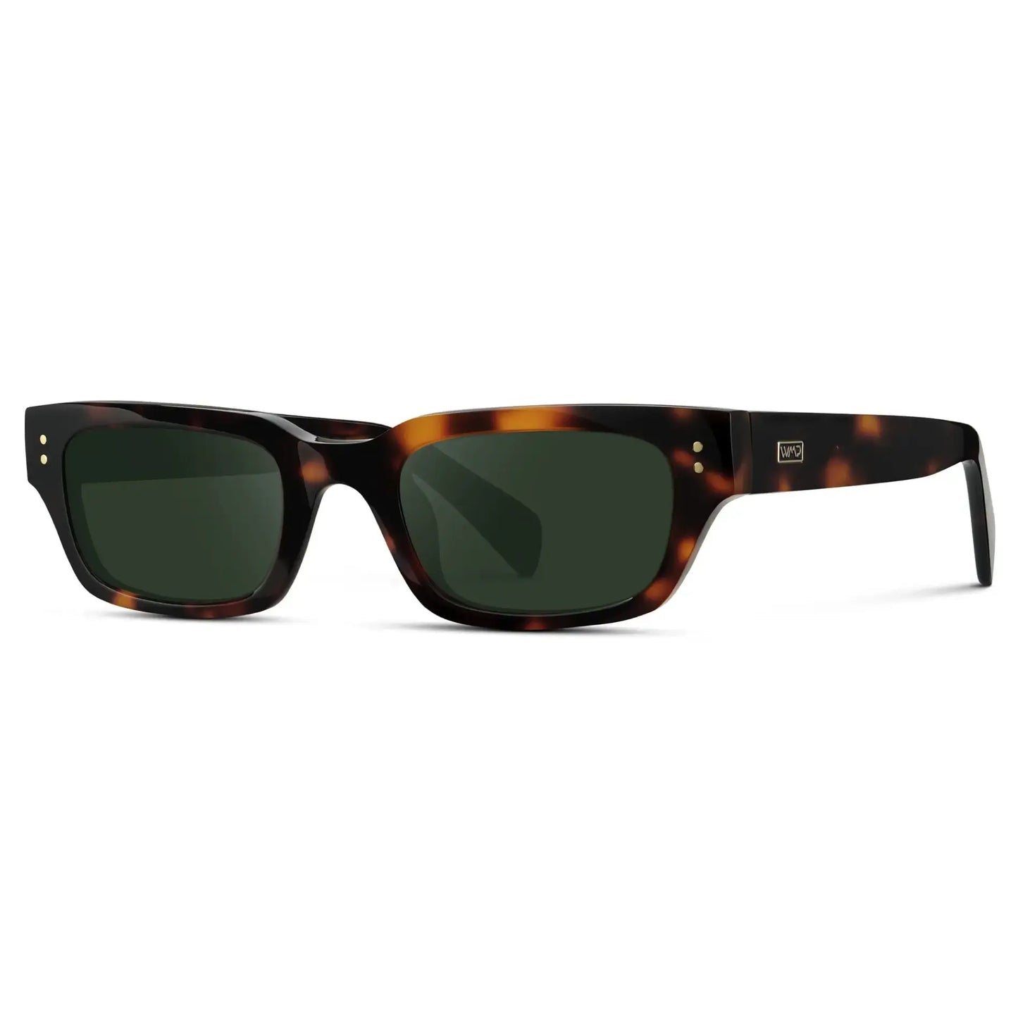 Brown Tortoise / G15 || Side view of Women's Rectangular Prescription Sunglasses with Brown Tortoise Frame and Green Prescription Lens on a white background