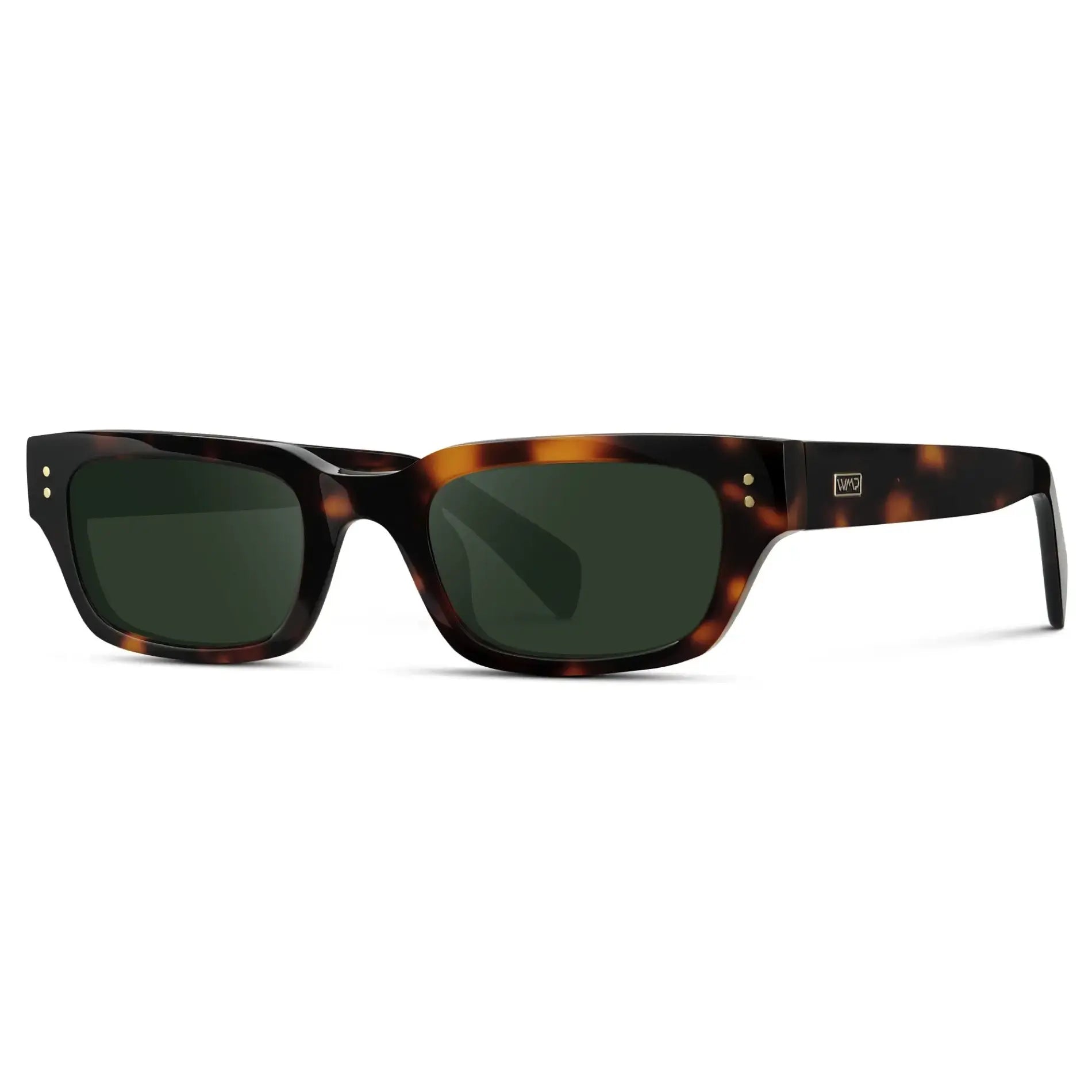 Brown Tortoise / G15 || Side view of Women's Rectangular Prescription Sunglasses with Brown Tortoise Frame and Green Prescription Lens on a white background