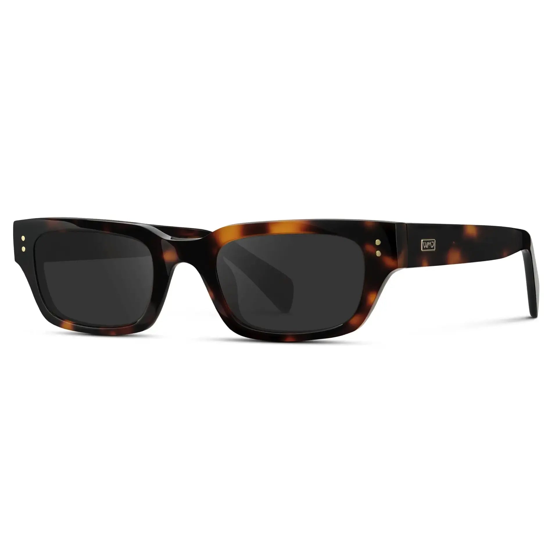 Brown Tortoise / Grey || Side view of Women's Rectangular Prescription Sunglasses with Brown Tortoise Frame and Grey Prescription Lens on a white background