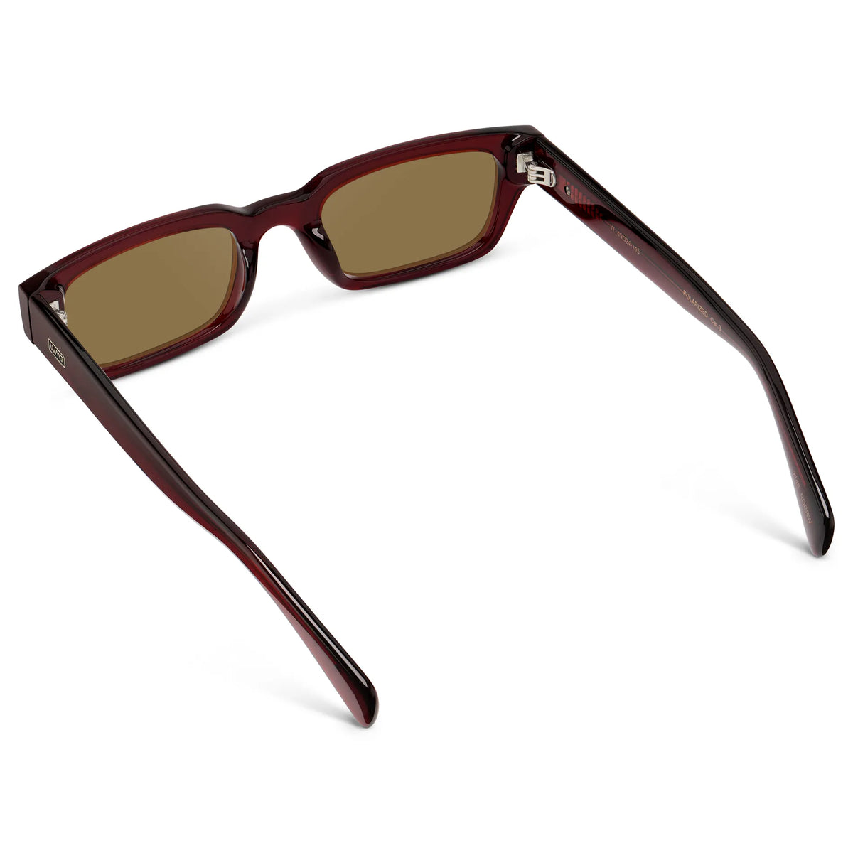 Red Garnet / Amber || Back view of Women's Rectangular Prescription Sunglasses with Red Garnet Frame and Brown Prescription Lens on a white background