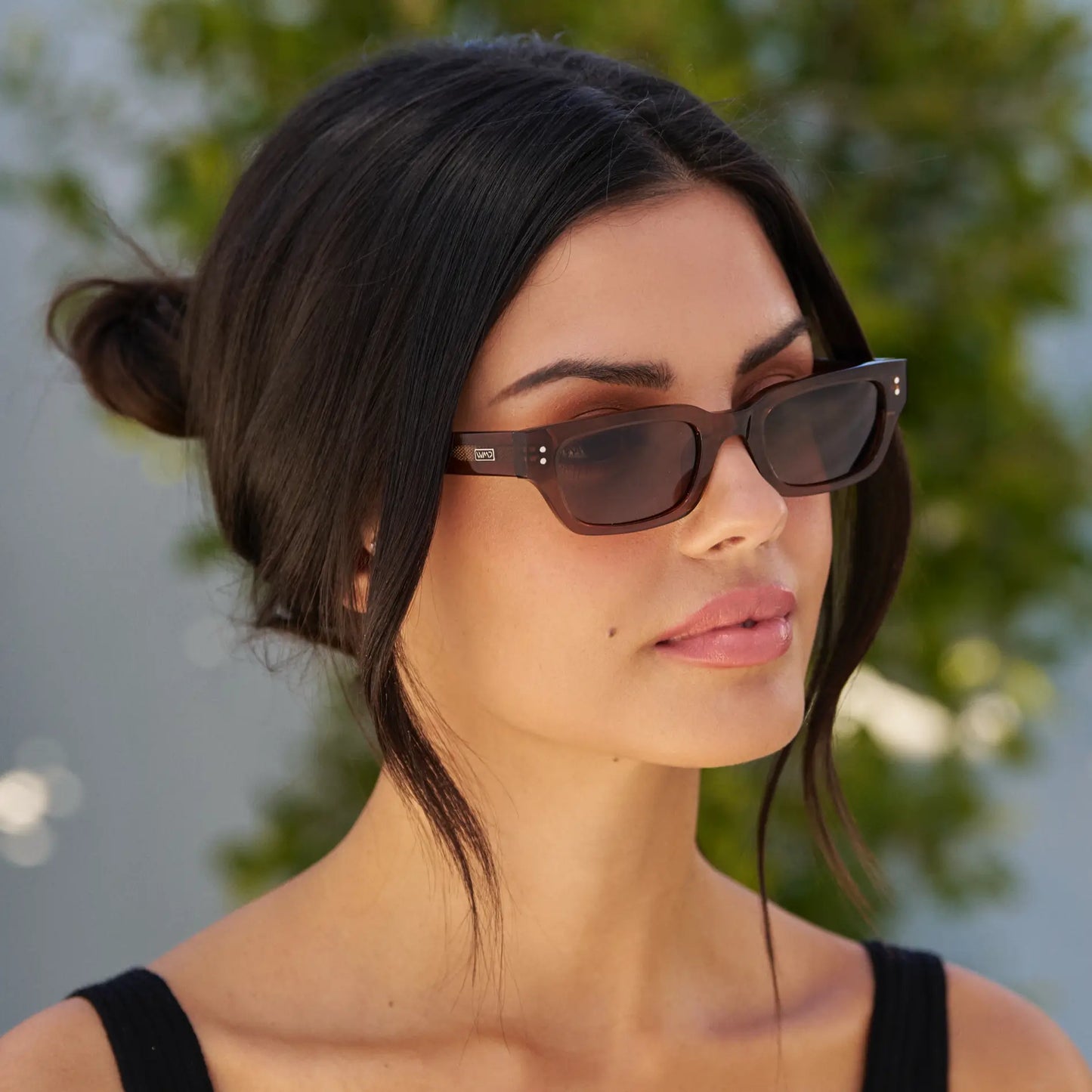 Cocoa Brown / Brown Lens || Model wearing Women's Rectangular Polarized Sunglasses with Cocoa Brown Frame and Brown Lenses
