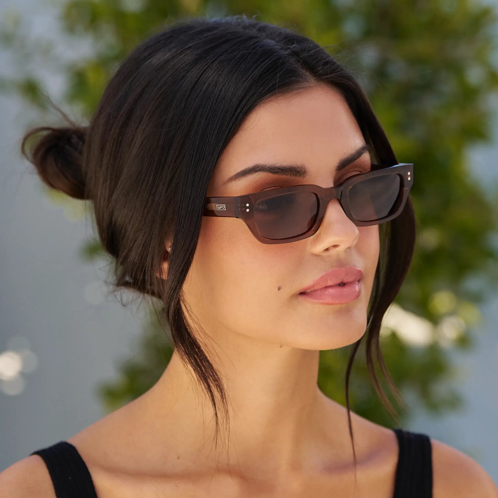 Cocoa Brown / Brown Lens || Model wearing Women's Rectangular Polarized Sunglasses with Cocoa Brown Frame and Brown Lenses
