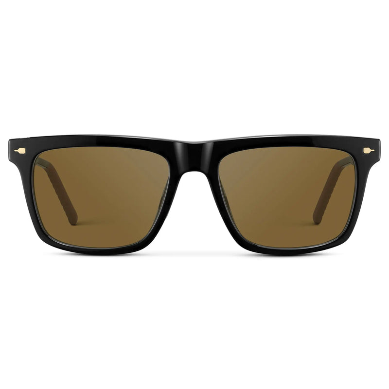Black / Amber || Men's Classic Rectangular Prescription Sunglasses with Black Frame and Brown Lens on a white background