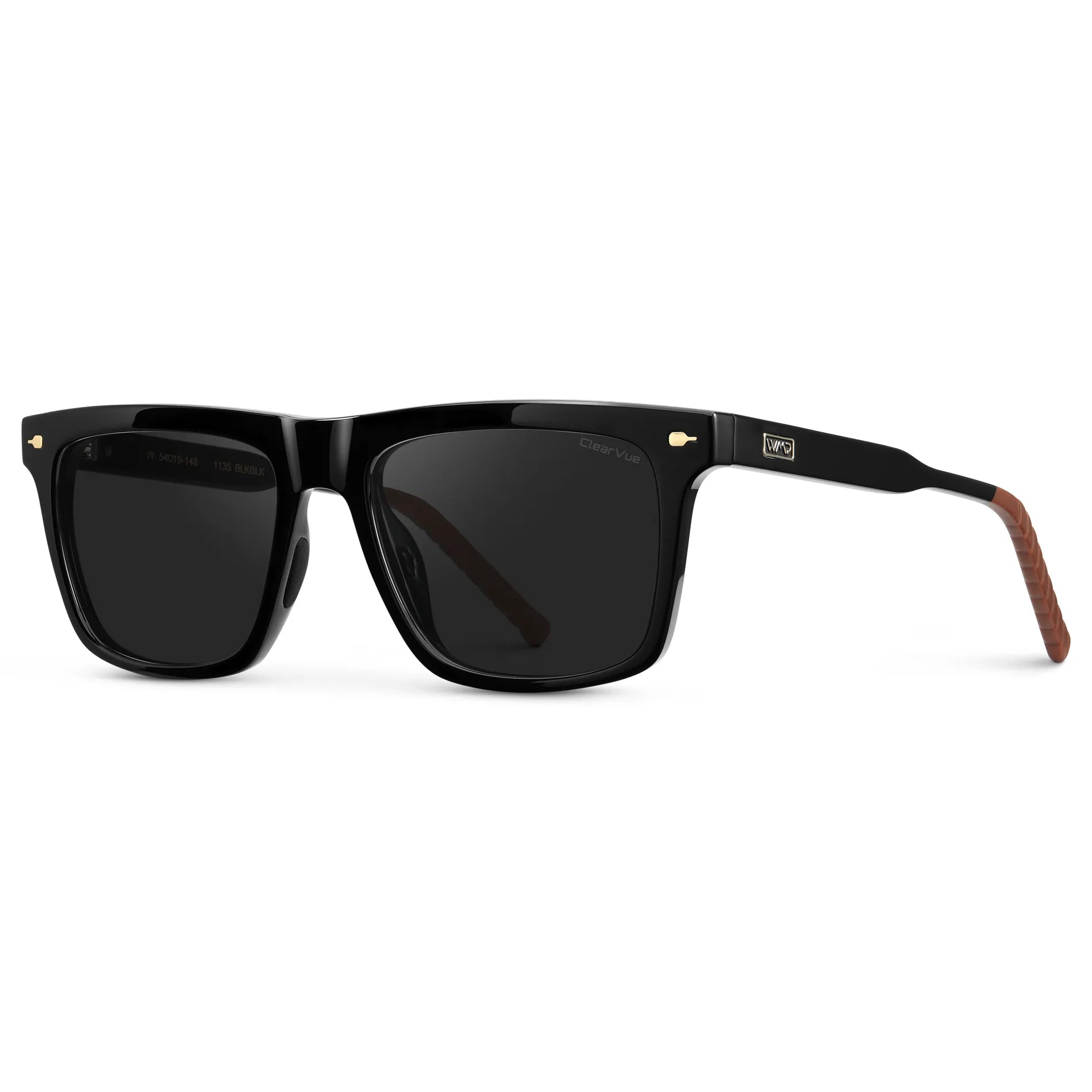 Black / Black Lens || Side view of Men's Classic Rectangular Sunglasses with Black Frame and Black Lens on a white background