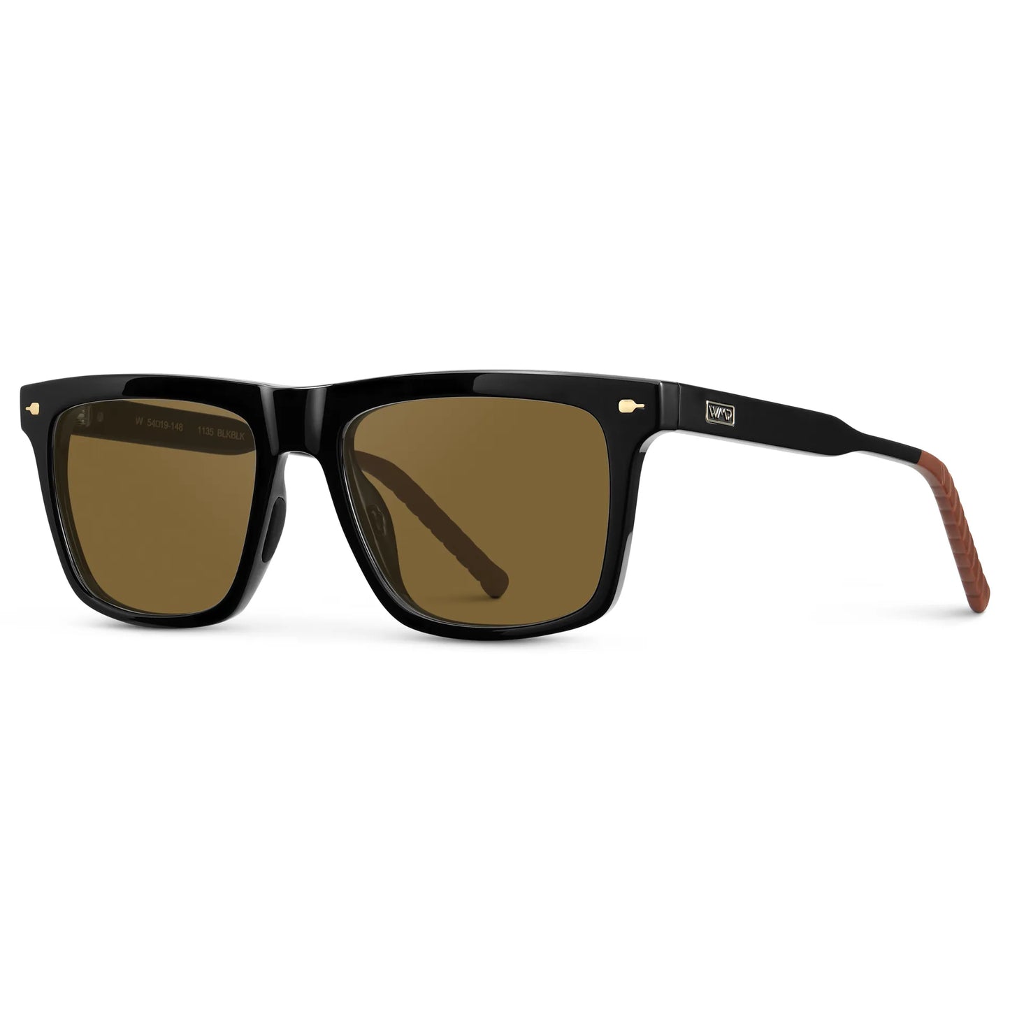Black / Amber || Side view of Men's Classic Rectangular Prescription Sunglasses with Black Frame and Brown Lens on a white background