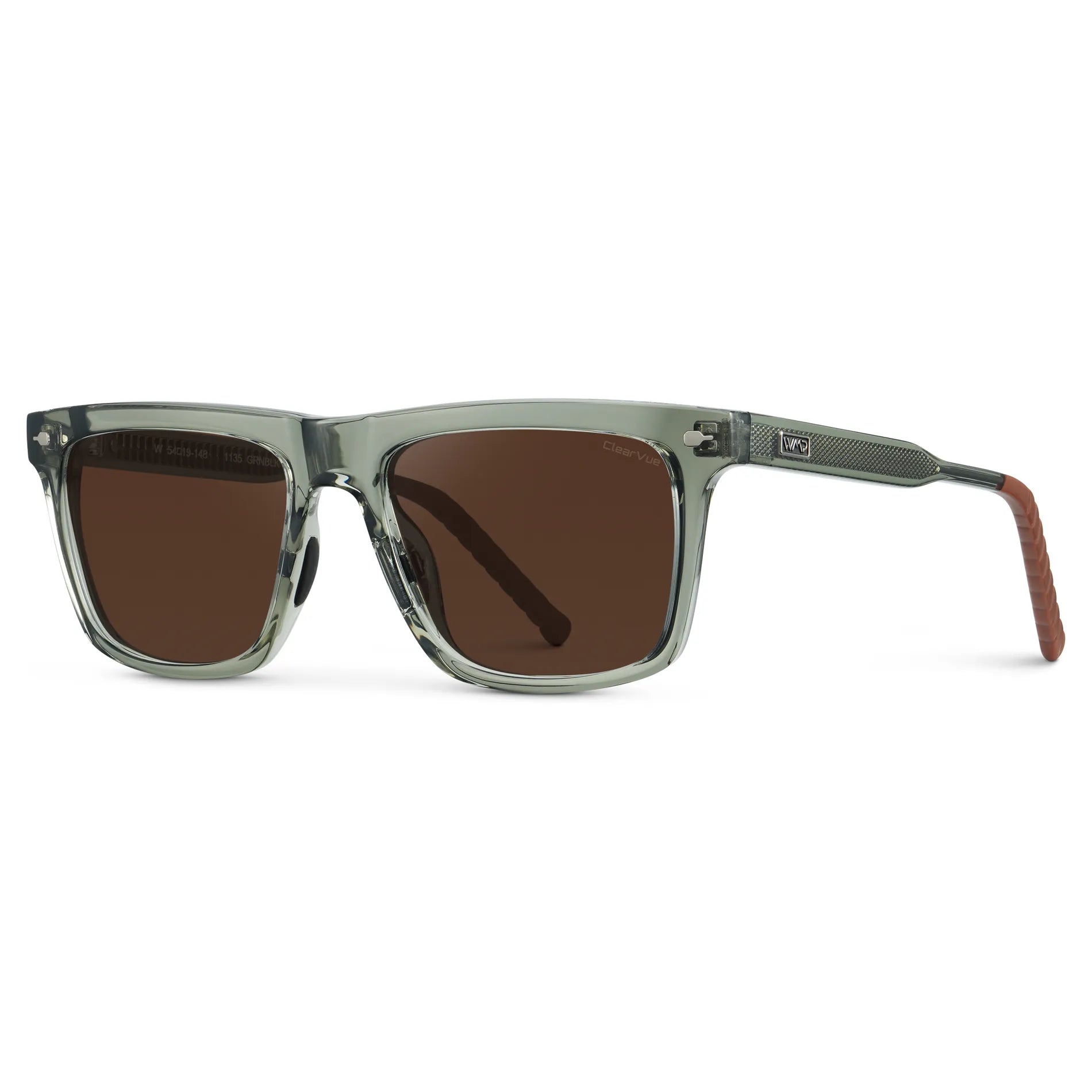 Sage Green / Dark Brown Lens || Side view of Men's Classic Rectangular Sunglasses with Sage Green Frame and Dark Brown Lens on a white background