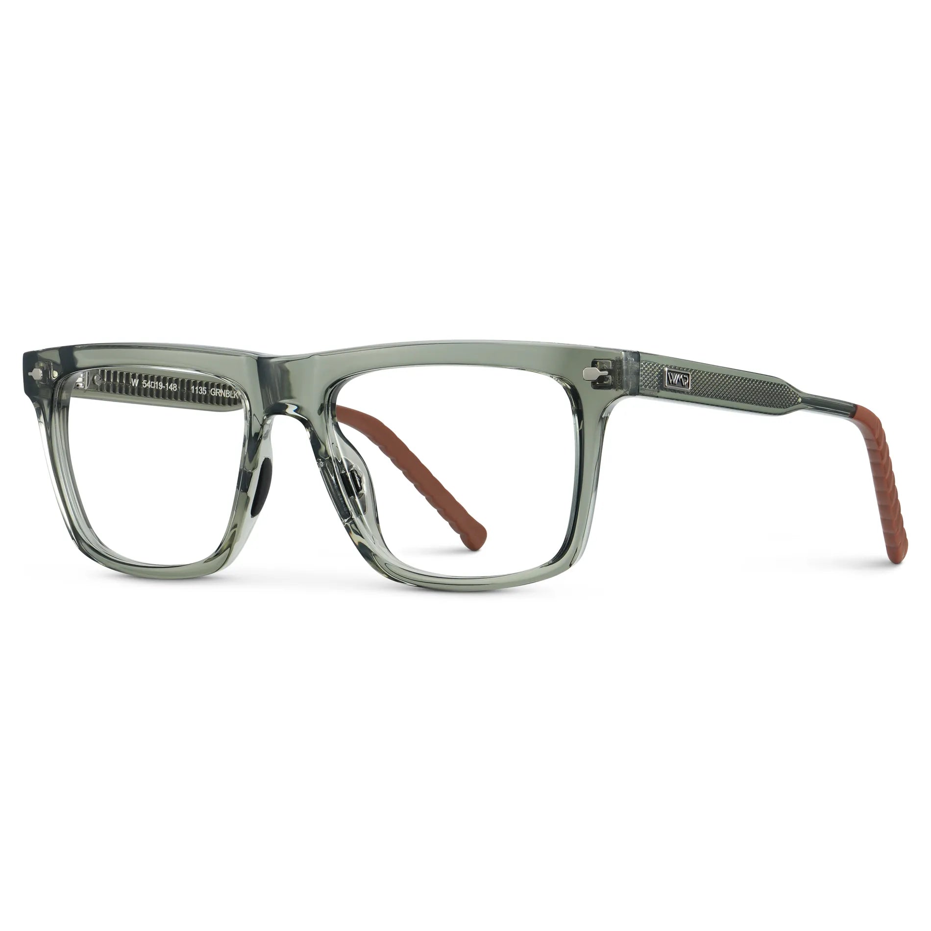 Sage Green || Side view of Men's Classic Rectangular Prescription Eyeglasses with Sage Green Frame and Clear Lens on a white background