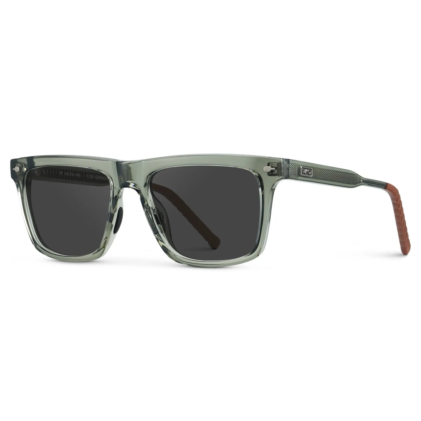 Sage Green / Grey || Side view of Men's Classic Rectangular Prescription Sunglasses with Sage Green Frame and Grey Lens on a white background