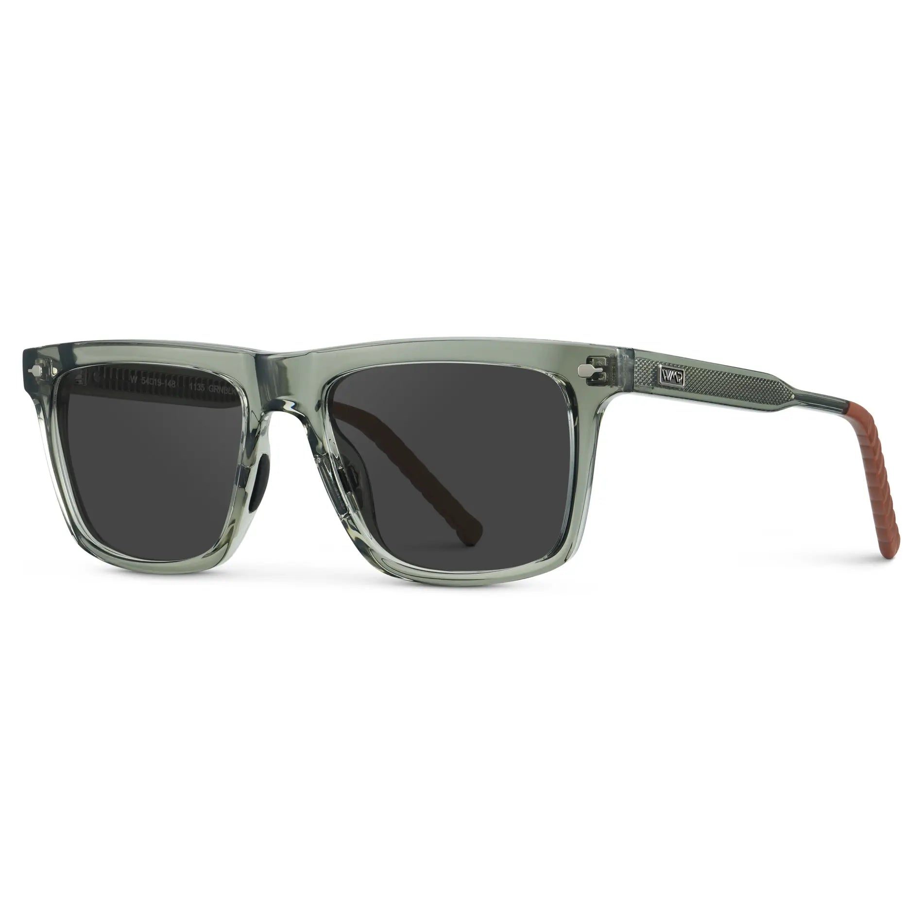 Sage Green / Grey || Side view of Men's Classic Rectangular Prescription Sunglasses with Sage Green Frame and Grey Lens on a white background