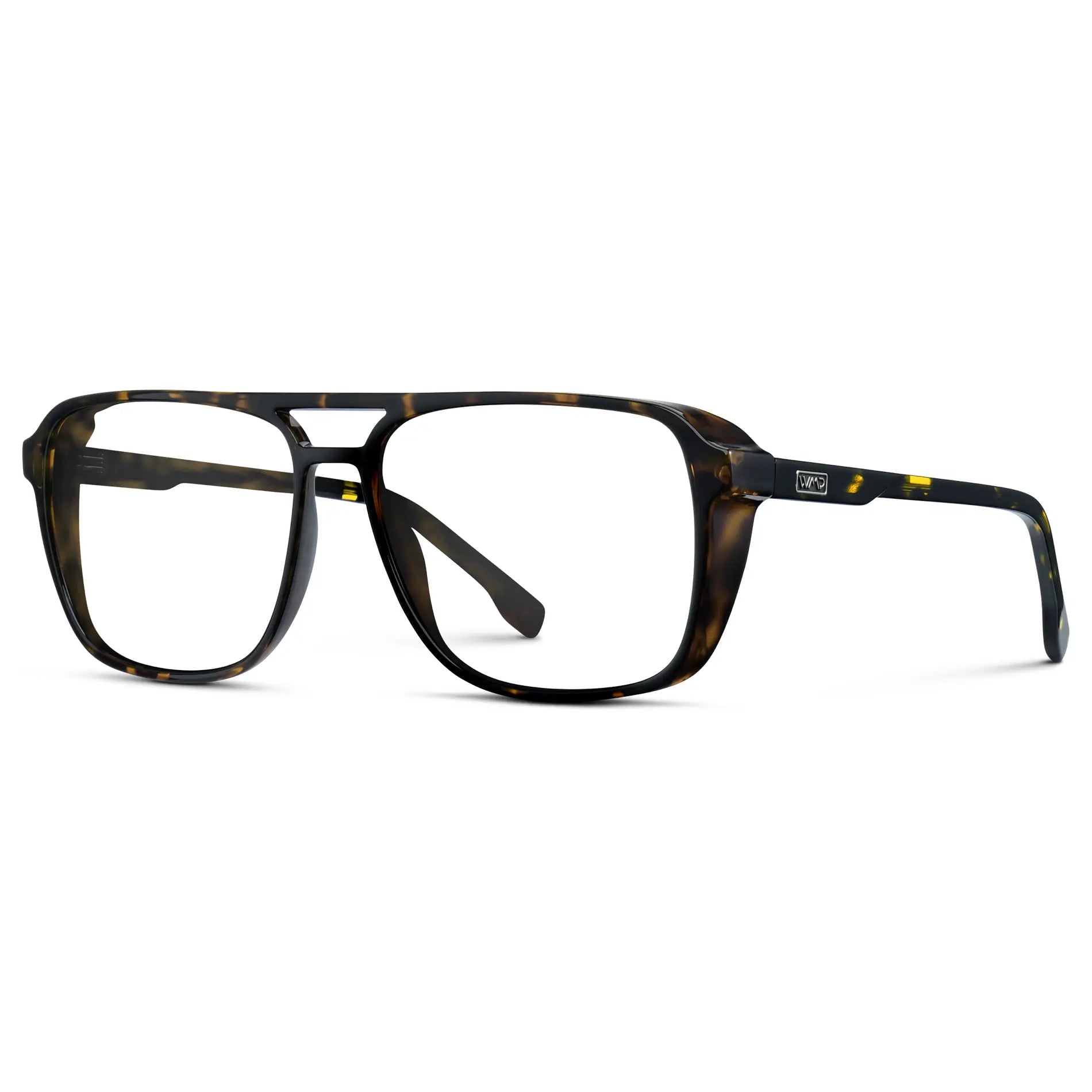 Obsidian Gold Tortoise || Side view of Obsidian Gold Tortoise Square Aviator Prescription Glasses with Clear Lenses on a white background