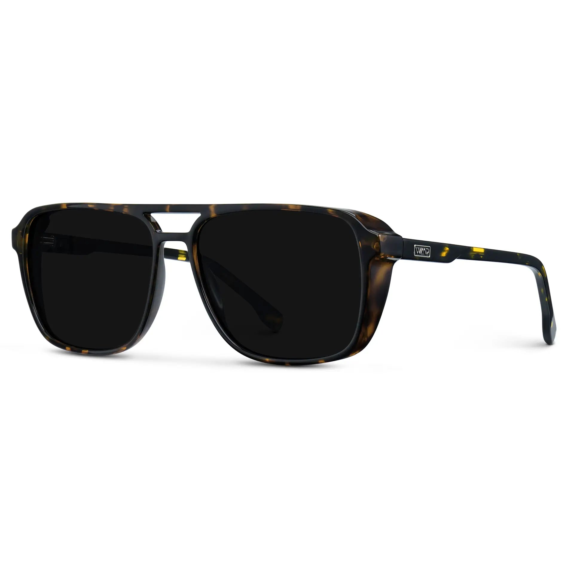 Obsidian Gold Tortoise / Triple Black Lens || Side view of Obsidian Gold Tortoise Square Aviator Sunglasses with Black Polarized Lenses