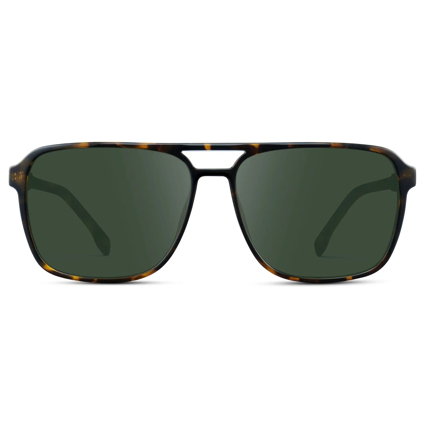 Obsidian Gold Tortoise / G15 || Obsidian Gold Tortoise Square Aviator Prescription Sunglasses with Green Lenses on a white background
