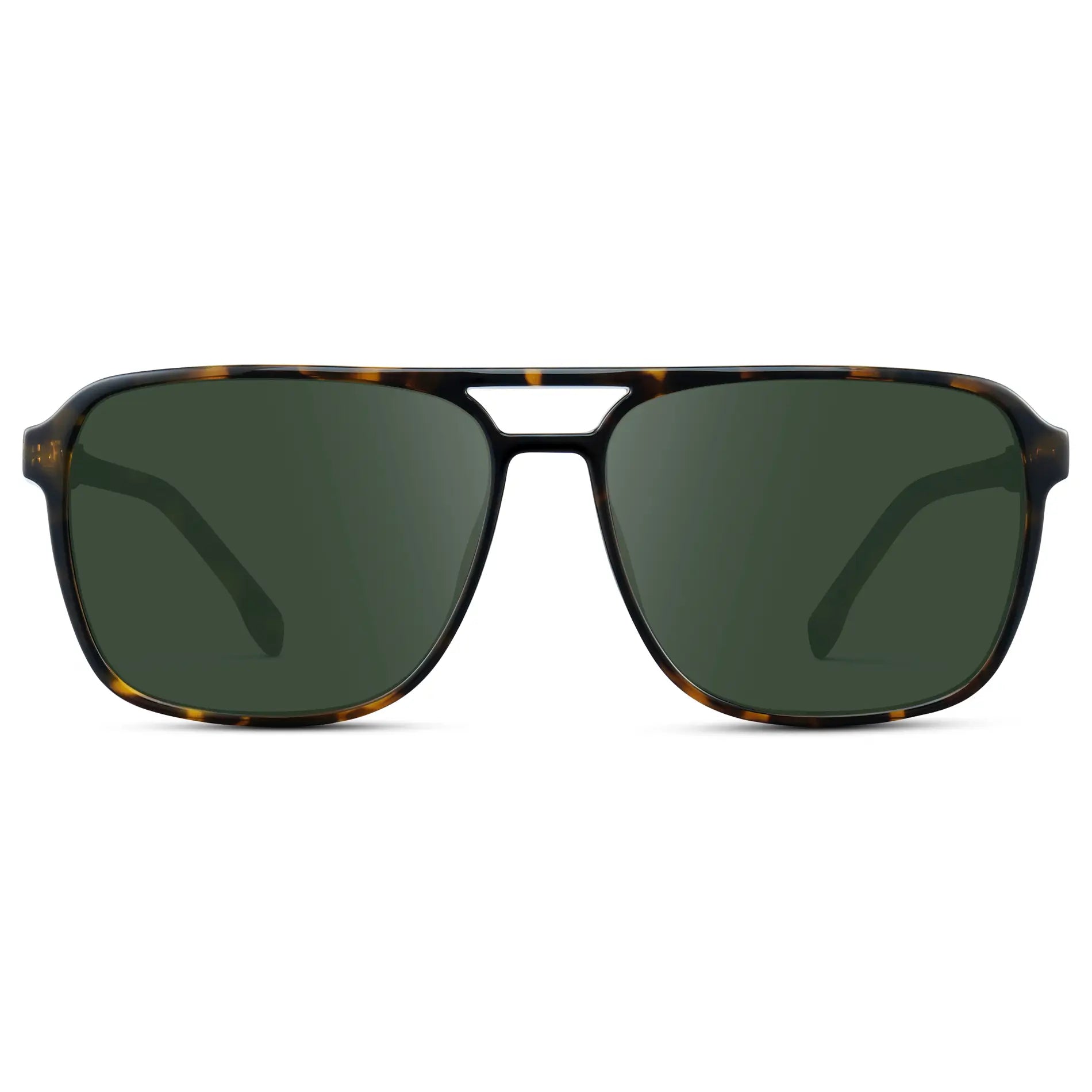 Obsidian Gold Tortoise / G15 || Obsidian Gold Tortoise Square Aviator Prescription Sunglasses with Green Lenses on a white background