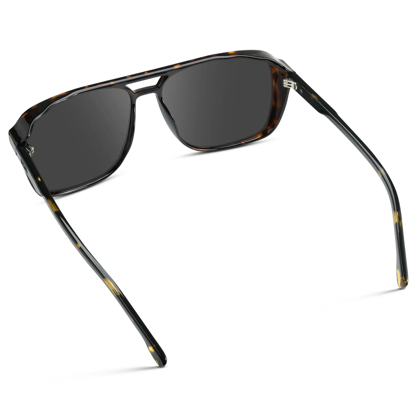 Obsidian Gold Tortoise / Grey || Back view of Obsidian Gold Tortoise Square Aviator Prescription Sunglasses with Grey Lenses on a white background
