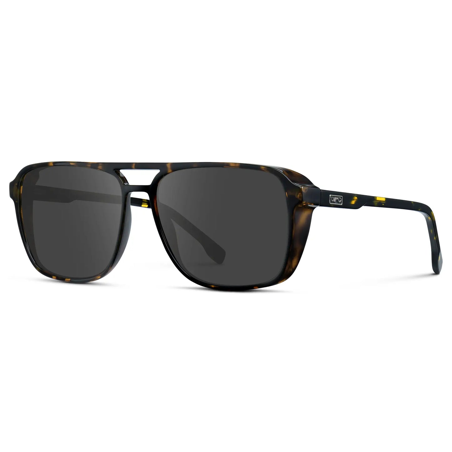 Obsidian Gold Tortoise / Grey || Side view of Obsidian Gold Tortoise Square Aviator Prescription Sunglasses with Grey Lenses on a white background