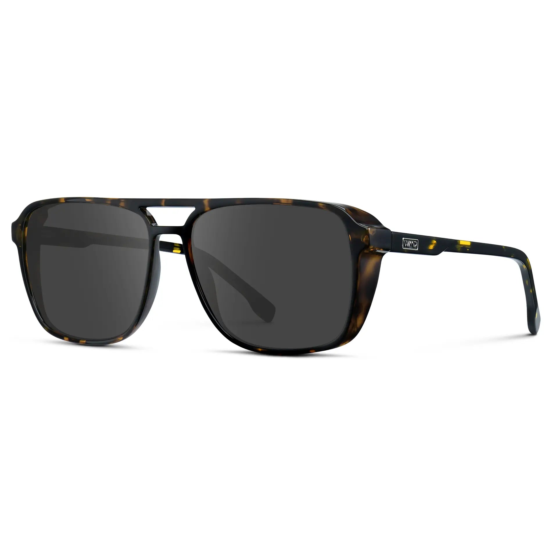 Obsidian Gold Tortoise / Grey || Side view of Obsidian Gold Tortoise Square Aviator Prescription Sunglasses with Grey Lenses on a white background