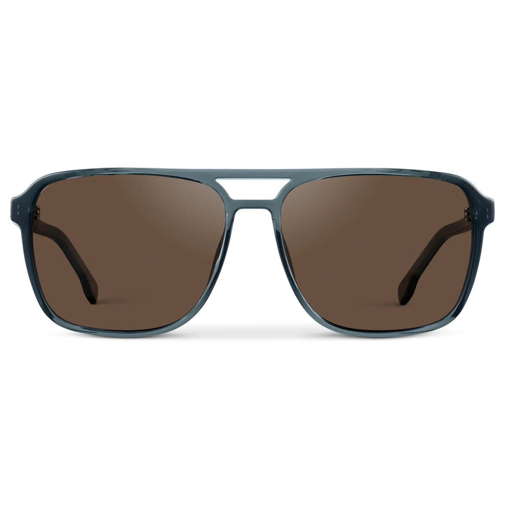 Stone Blue / Brown Lens || Stone Blue Square Aviator Sunglasses with Brown Polarized Lenses on a white background