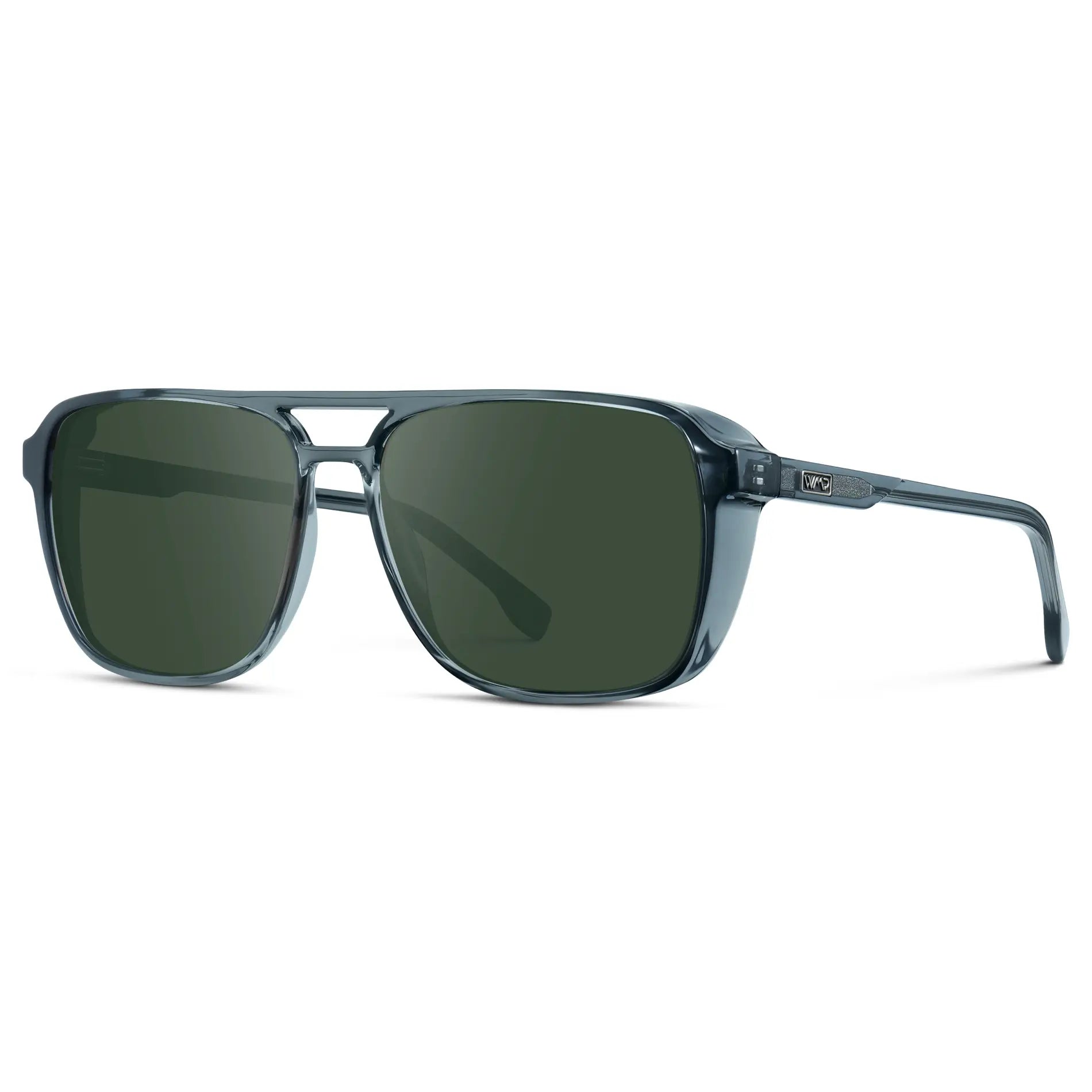 Stone Blue / G15 || Side view of Stone Blue Men's Square Aviator Prescription Sunglasses with Green Lenses on a white background