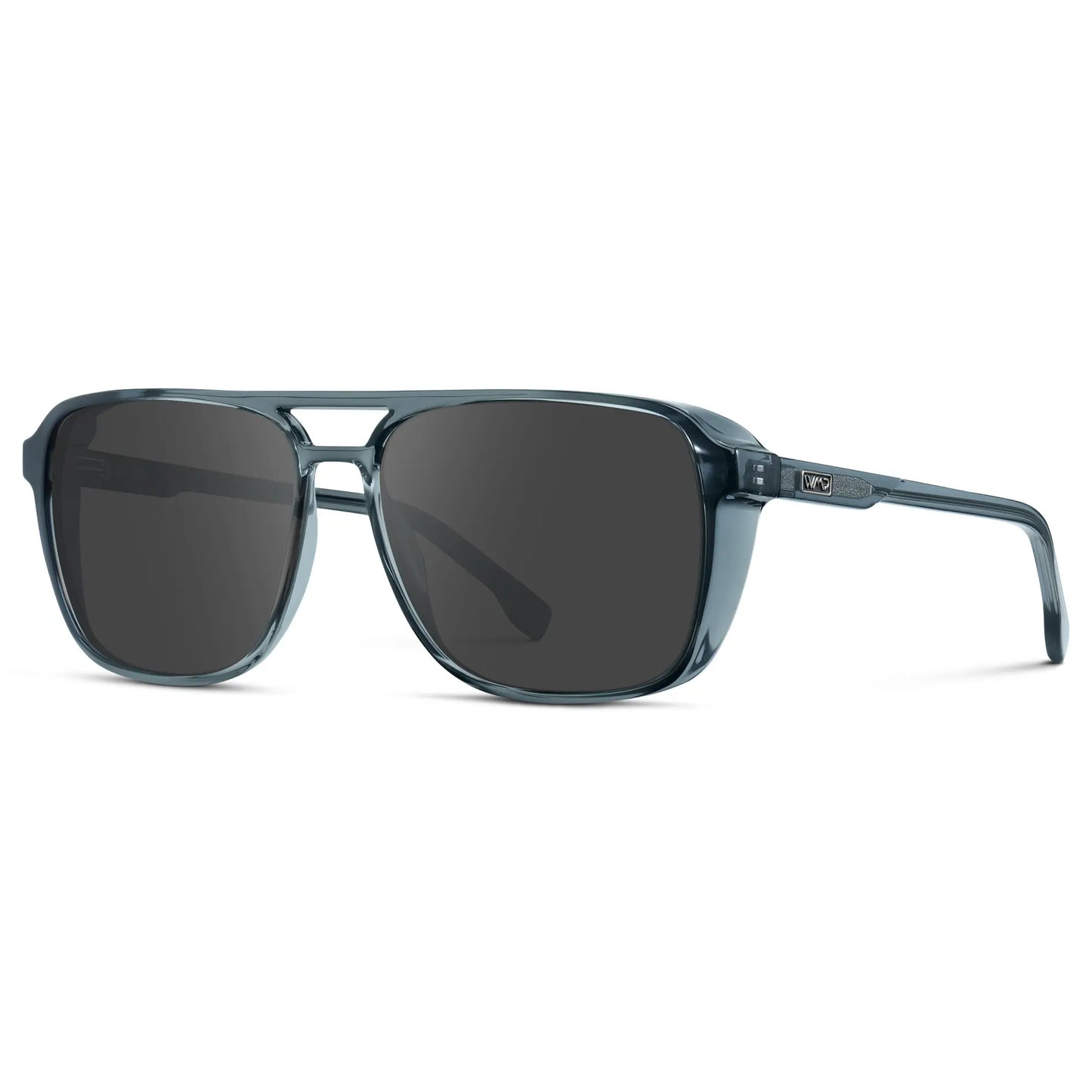 Stone Blue / Grey || Side view of Stone Blue Men's Square Aviator Prescription Sunglasses with Grey Lenses on a white background