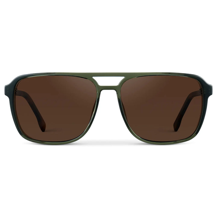 Tortoise Sage / Dark Brown Lens || Tortoise Sage Square Aviator Sunglasses with Dark Brown Polarized Lenses on a white background