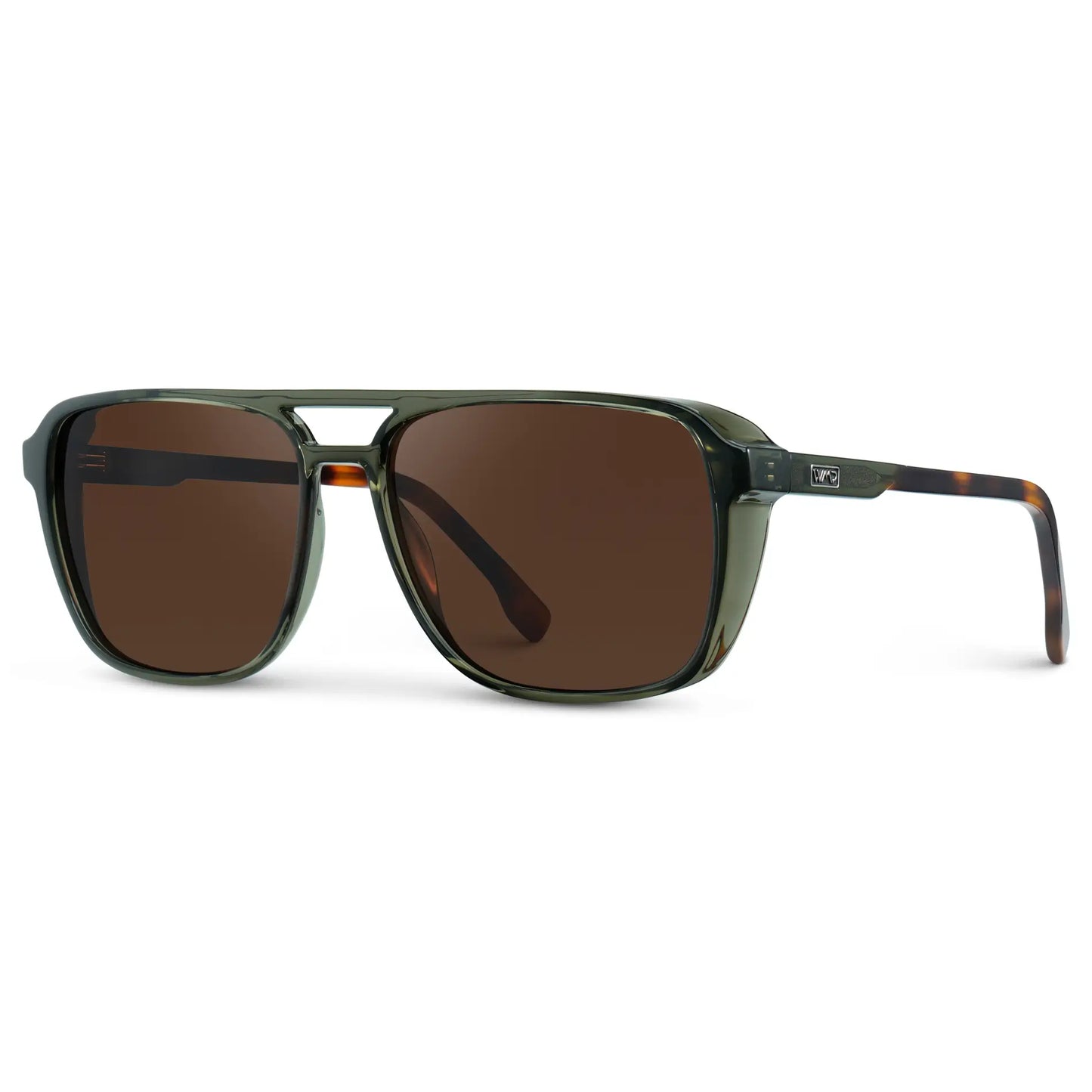 Tortoise Sage / Dark Brown Lens || Side view of Tortoise Sage Square Aviator Sunglasses with Dark Brown Polarized Lenses on a white background