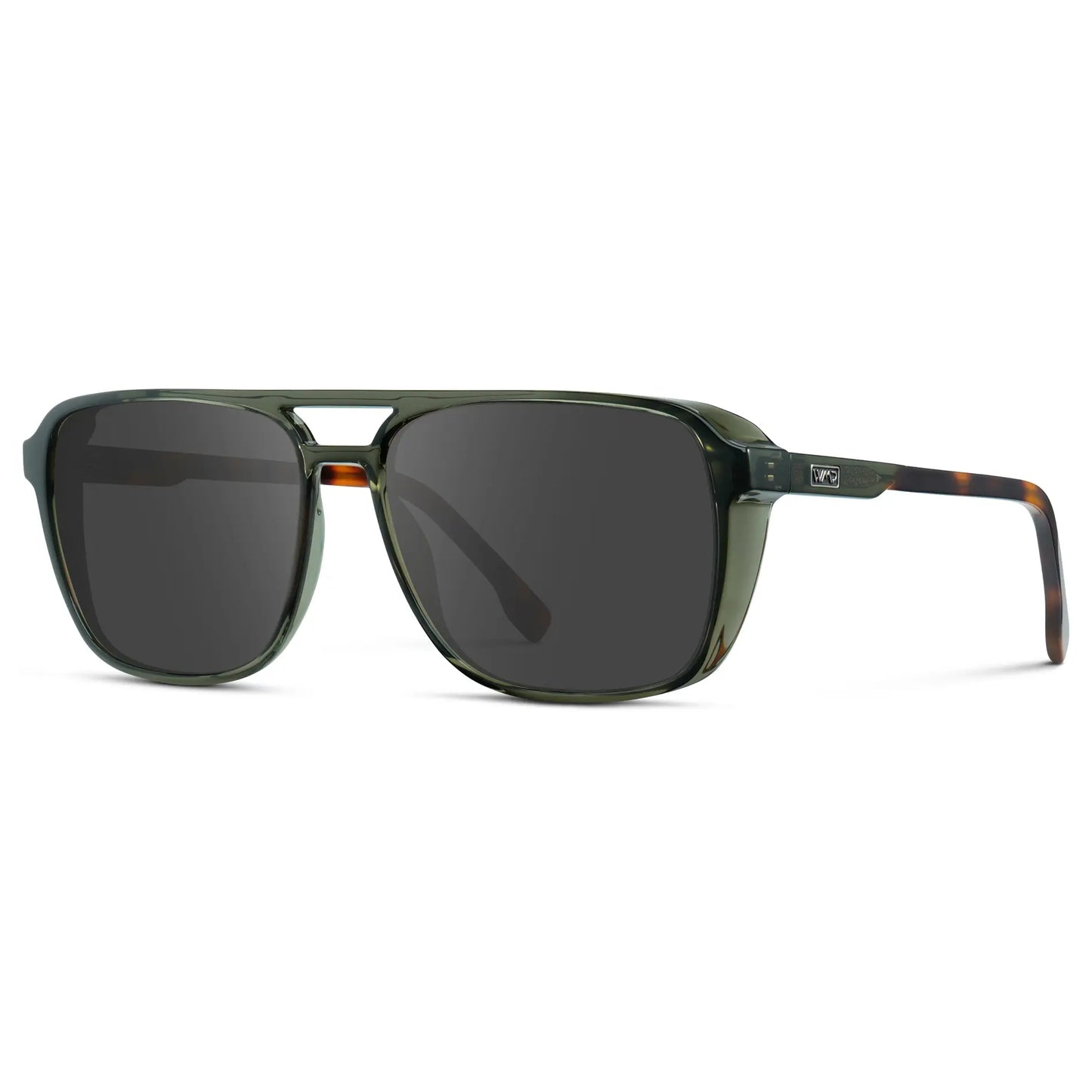 Tortoise Sage / Grey || Side view of Tortoise Sage Men's Square Aviator Prescription Sunglasses with Grey Lenses on a white background