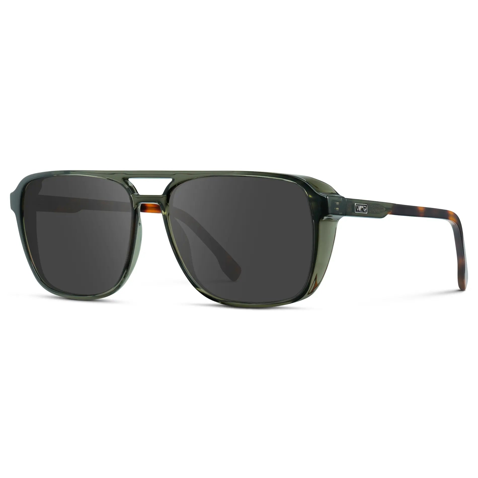 Tortoise Sage / Grey || Side view of Tortoise Sage Men's Square Aviator Prescription Sunglasses with Grey Lenses on a white background