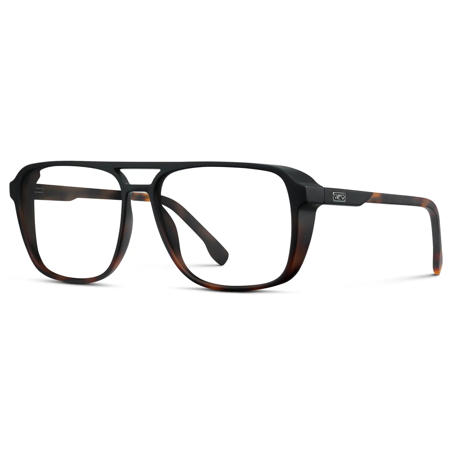 Matte Black Tortoise || Side view of Matte Black Tortoise Men's Square Aviator Prescription Glasses with Clear Lenses on a white background