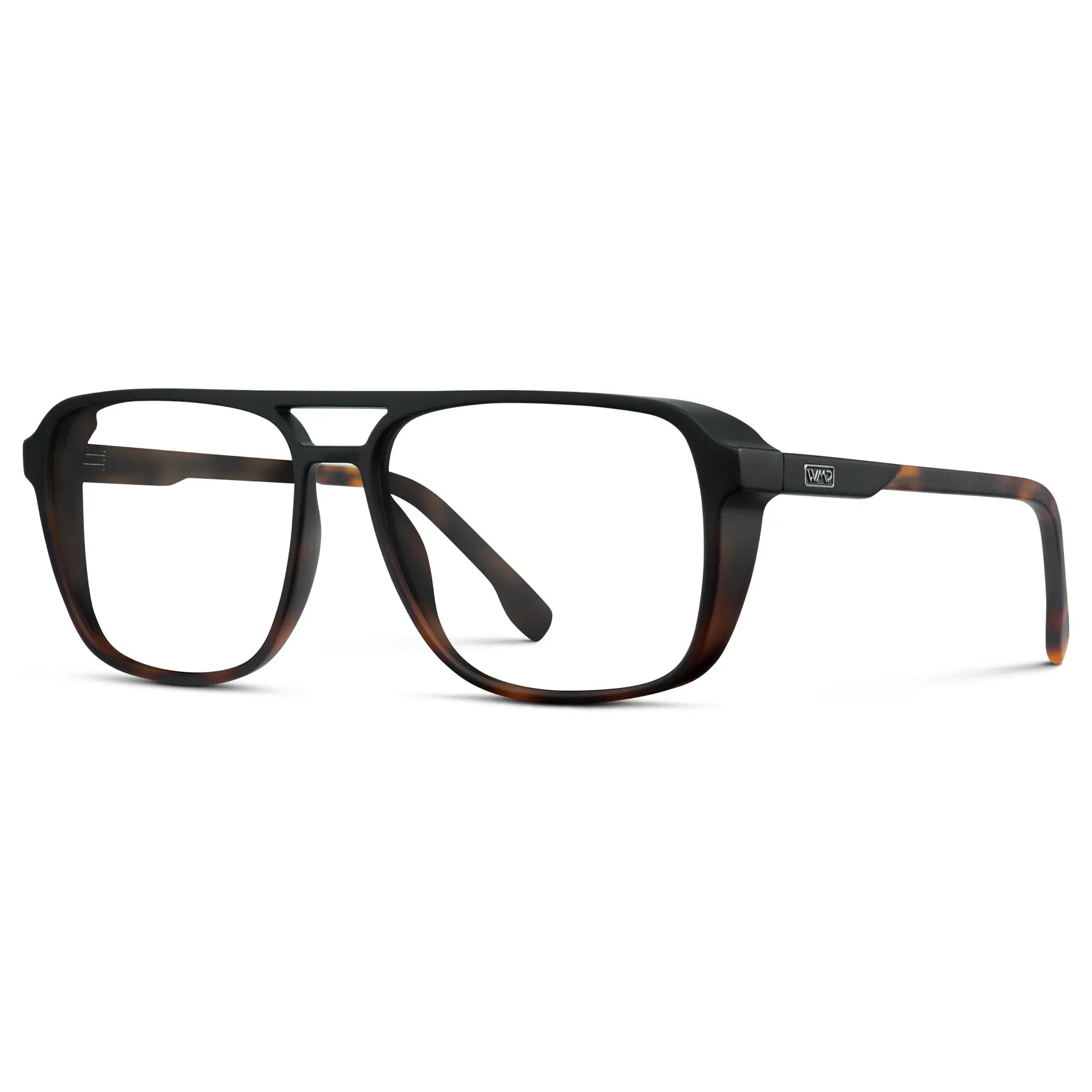 Matte Black Tortoise || Side view of Matte Black Tortoise Men's Square Aviator Prescription Glasses with Clear Lenses on a white background