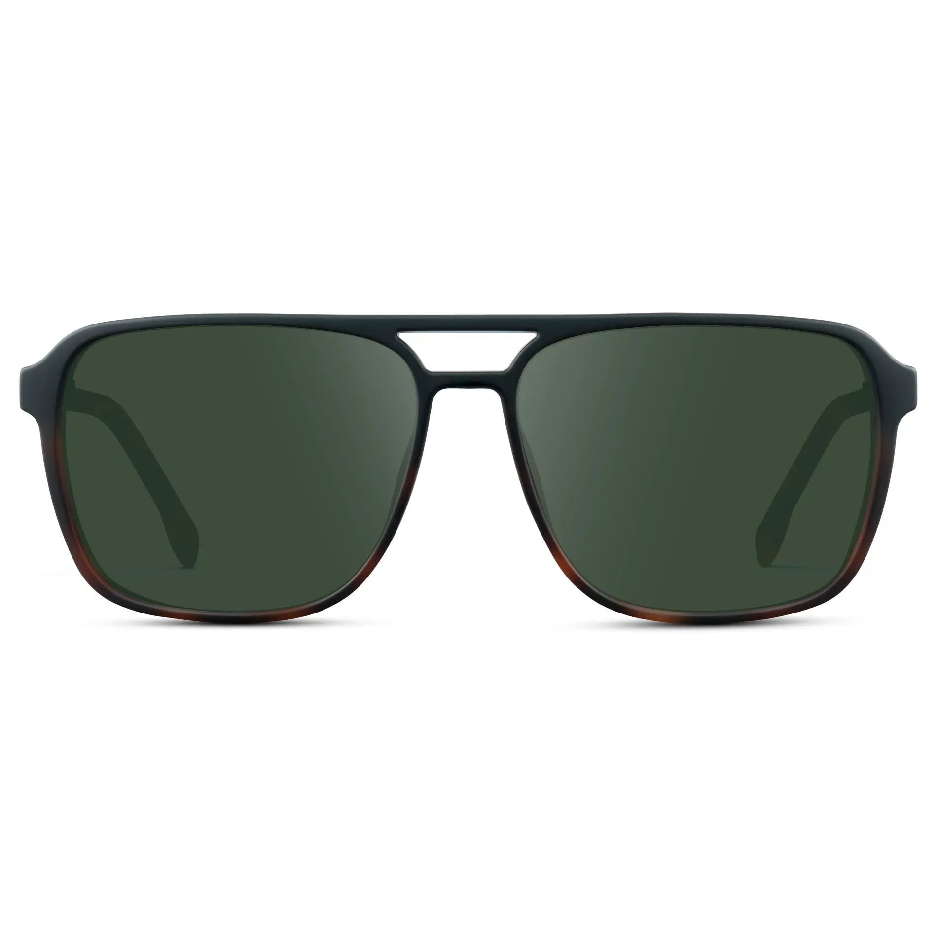 Matte Black Tortoise / G15 || Matte Black Tortoise Men's Square Aviator Prescription Sunglasses with Green Lenses on a white background