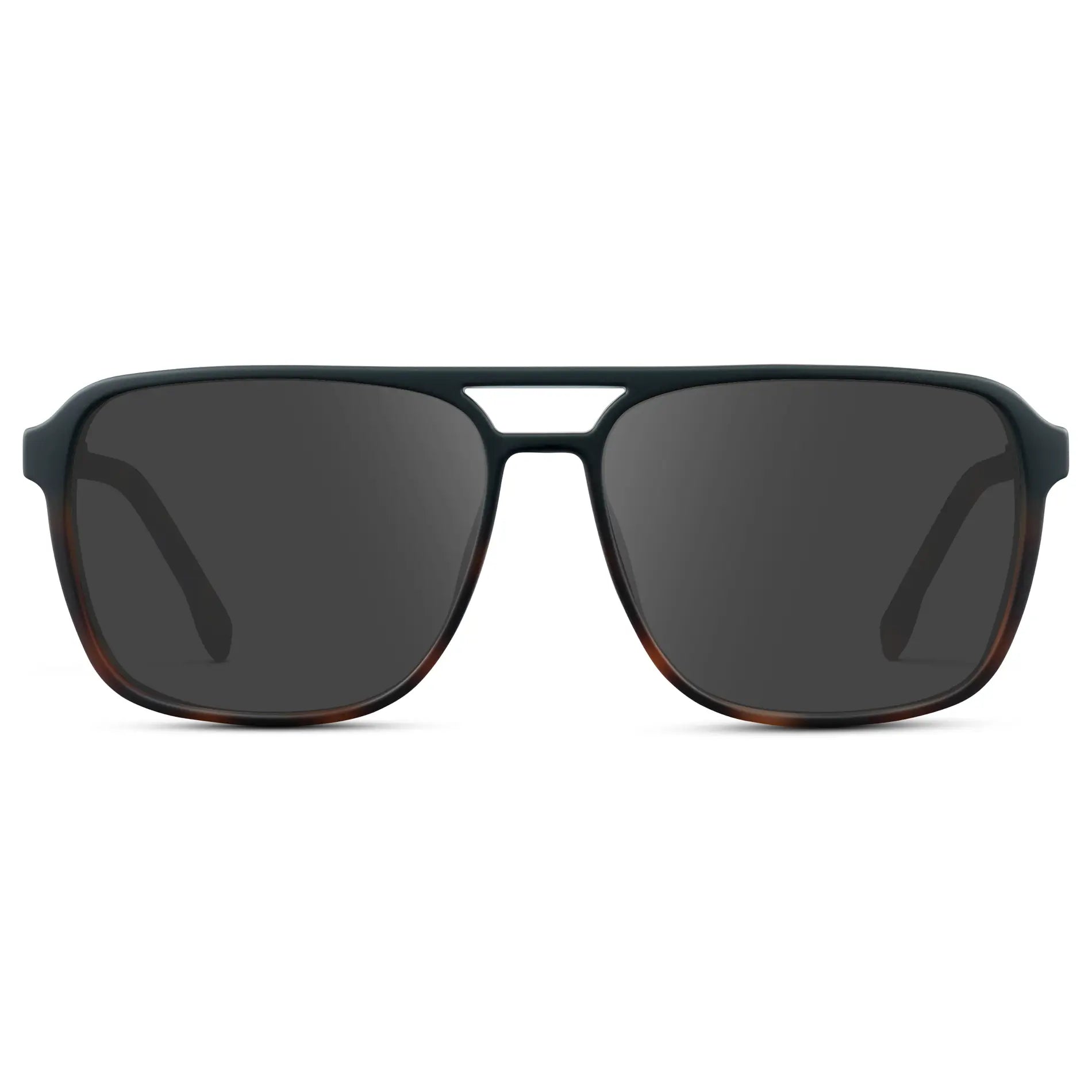 Matte Black Tortoise / Grey || Matte Black Tortoise Men's Square Aviator Prescription Sunglasses with Grey Lenses on a white background