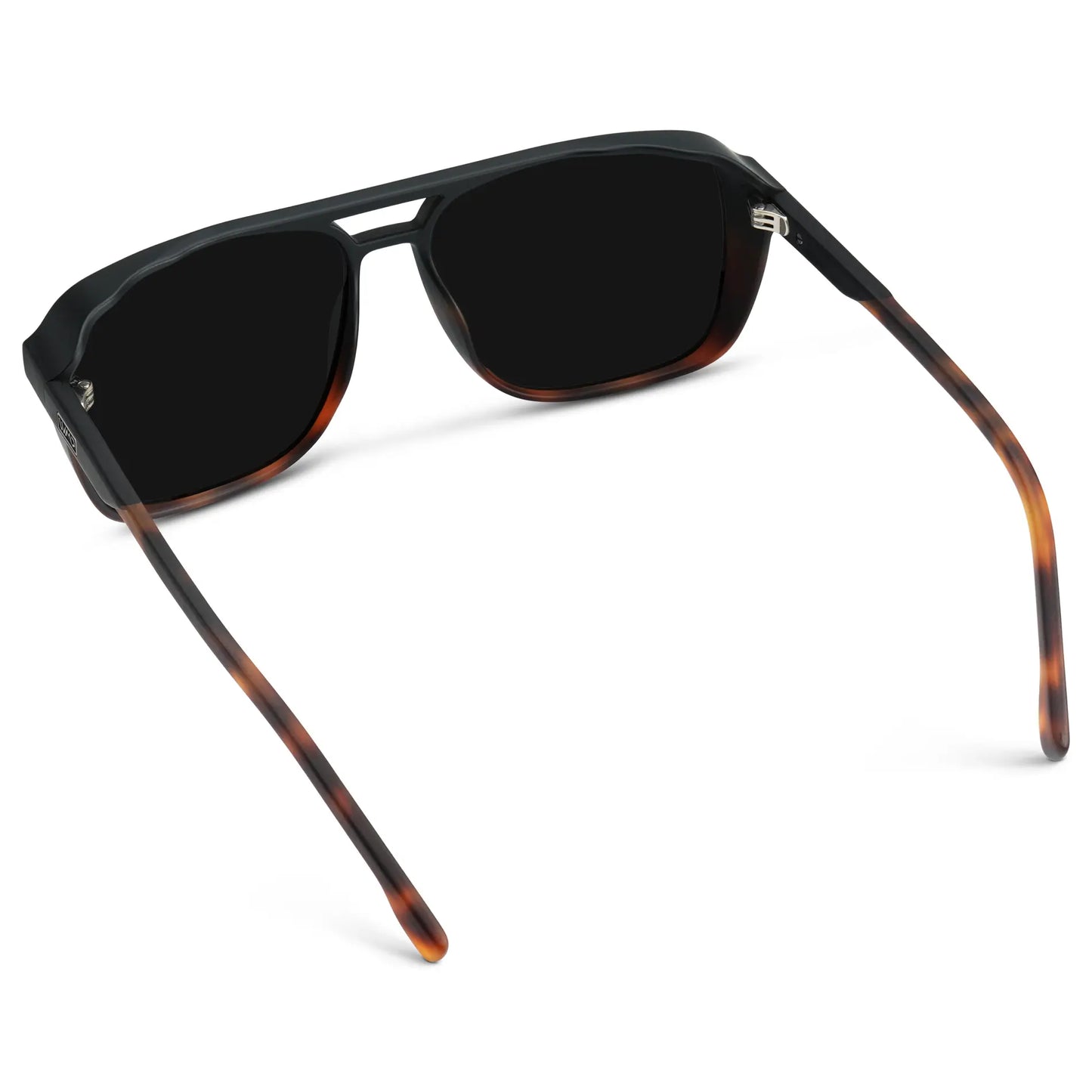 Matte Black Tortoise / Triple Black Lens || Back view of Matte Black Tortoise Square Aviator Sunglasses with Black Polarized Lenses on a white background