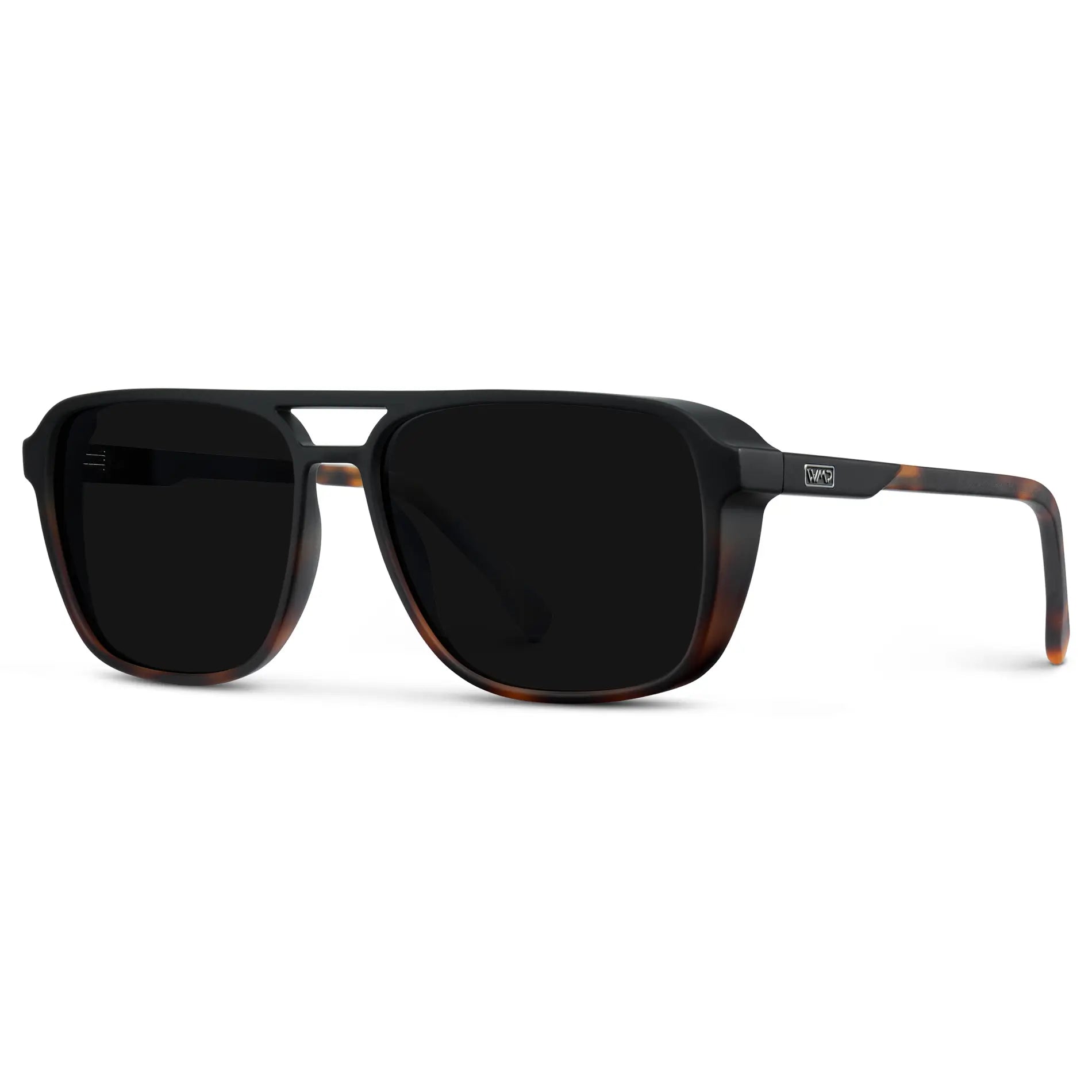 Matte Black Tortoise / Triple Black Lens || Side view of Matte Black Tortoise Square Aviator Sunglasses with Black Polarized Lenses on a white background