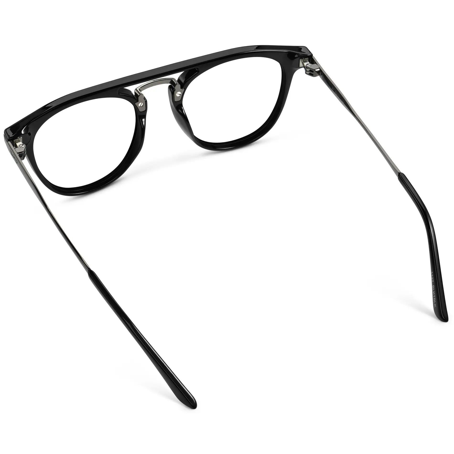 Black || Back view of Men's Round Prescription Glasses with Black Frame and Clear Lenses on a white background
