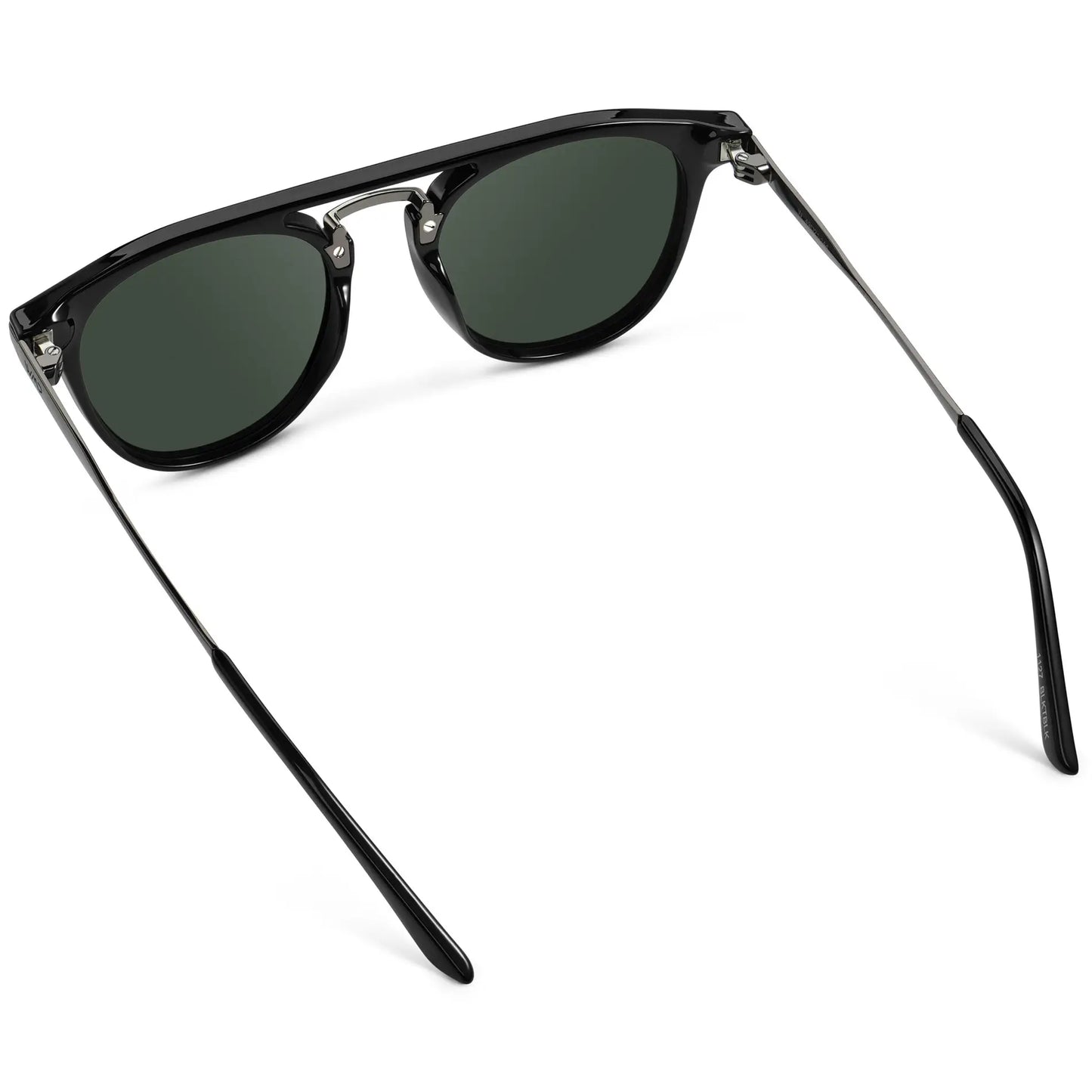 Black / G15 || Back view of Men's Round Prescription Sunglasses with Black Frame and Green Lenses on a white background