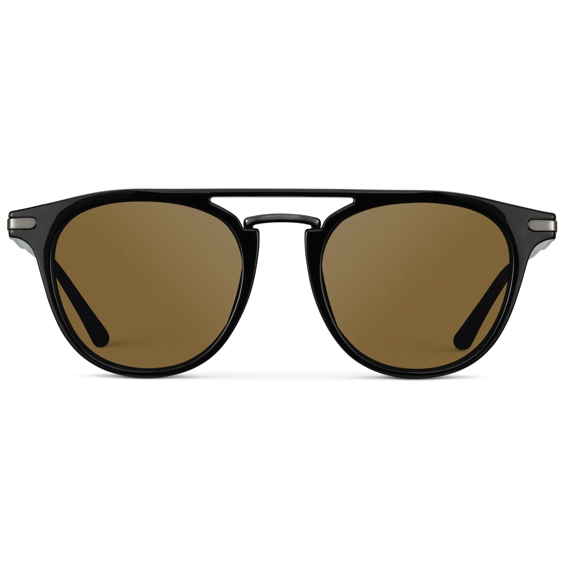 Black / Amber || Men's Round Prescription Sunglasses with Black Frame and Amber Lenses on a white background