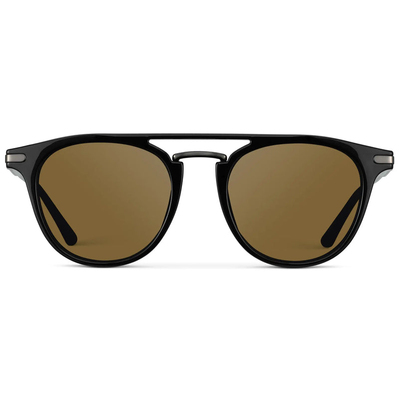 Black / Amber || Men's Round Prescription Sunglasses with Black Frame and Amber Lenses on a white background