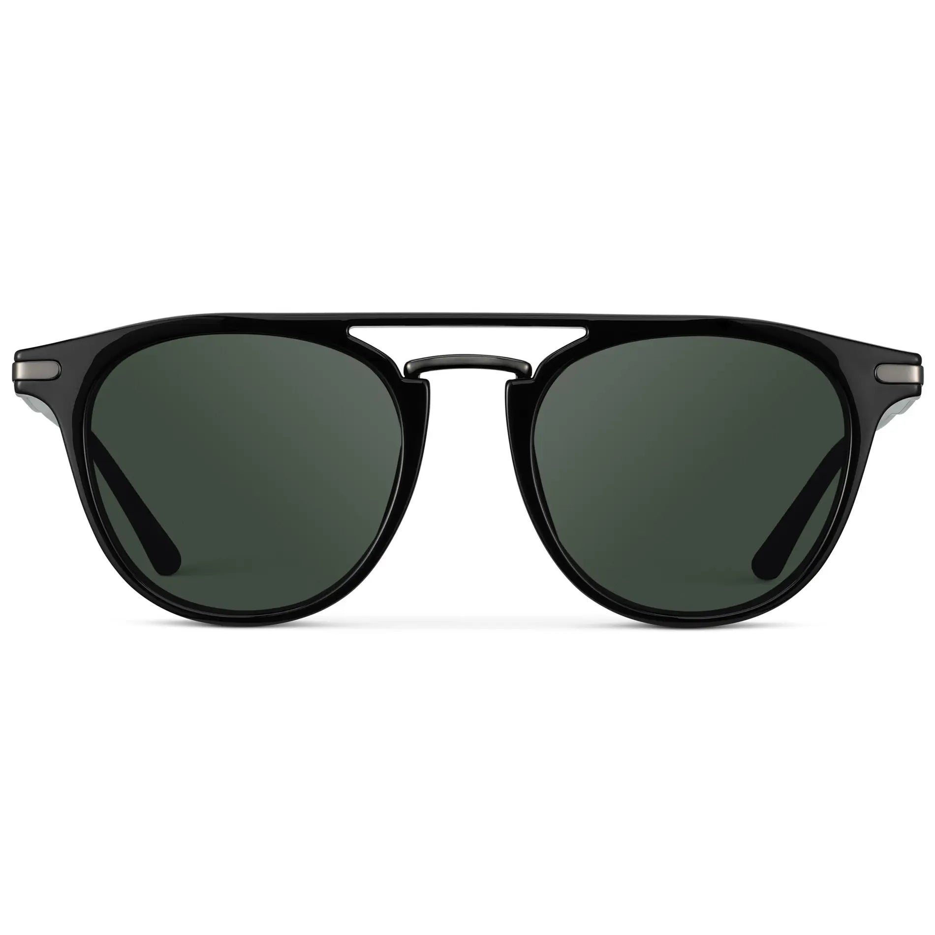 Black / G15 || Men's Round Prescription Sunglasses with Black Frame and Green Lenses on a white background