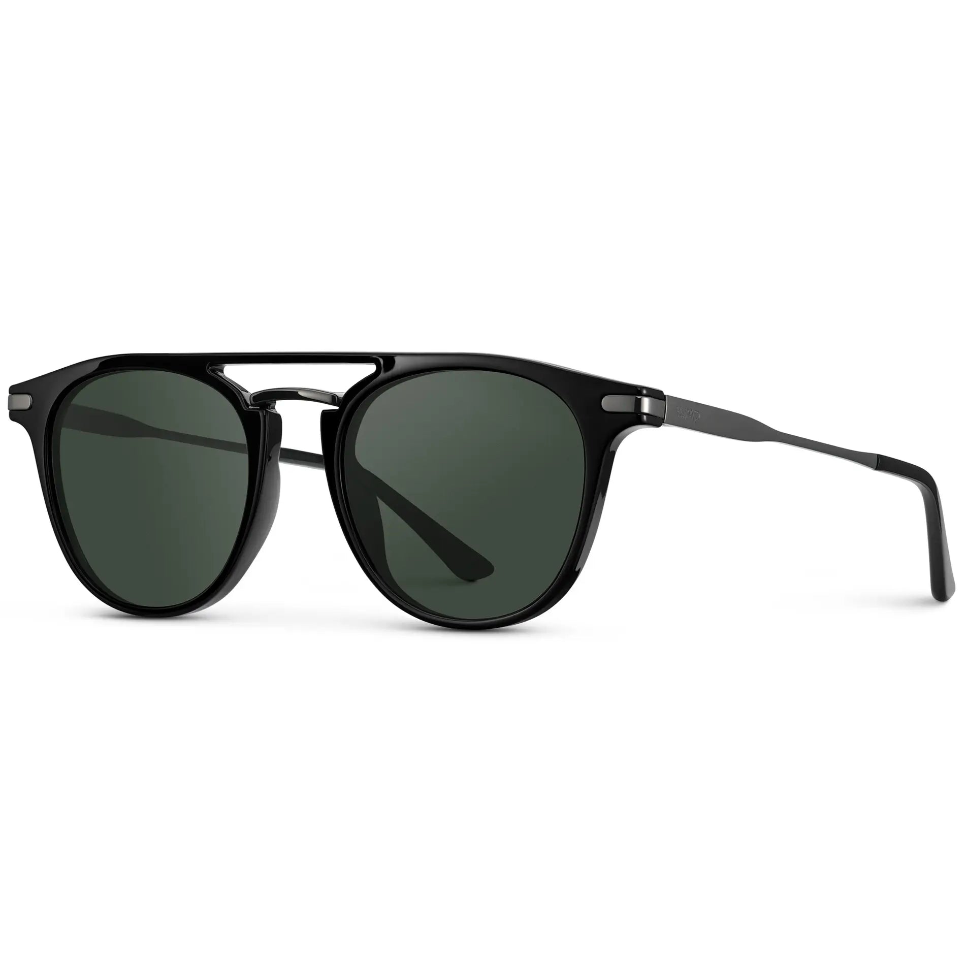 Black / G15 || Side view of Men's Round Prescription Sunglasses with Black Frame and Green Lenses on a white background